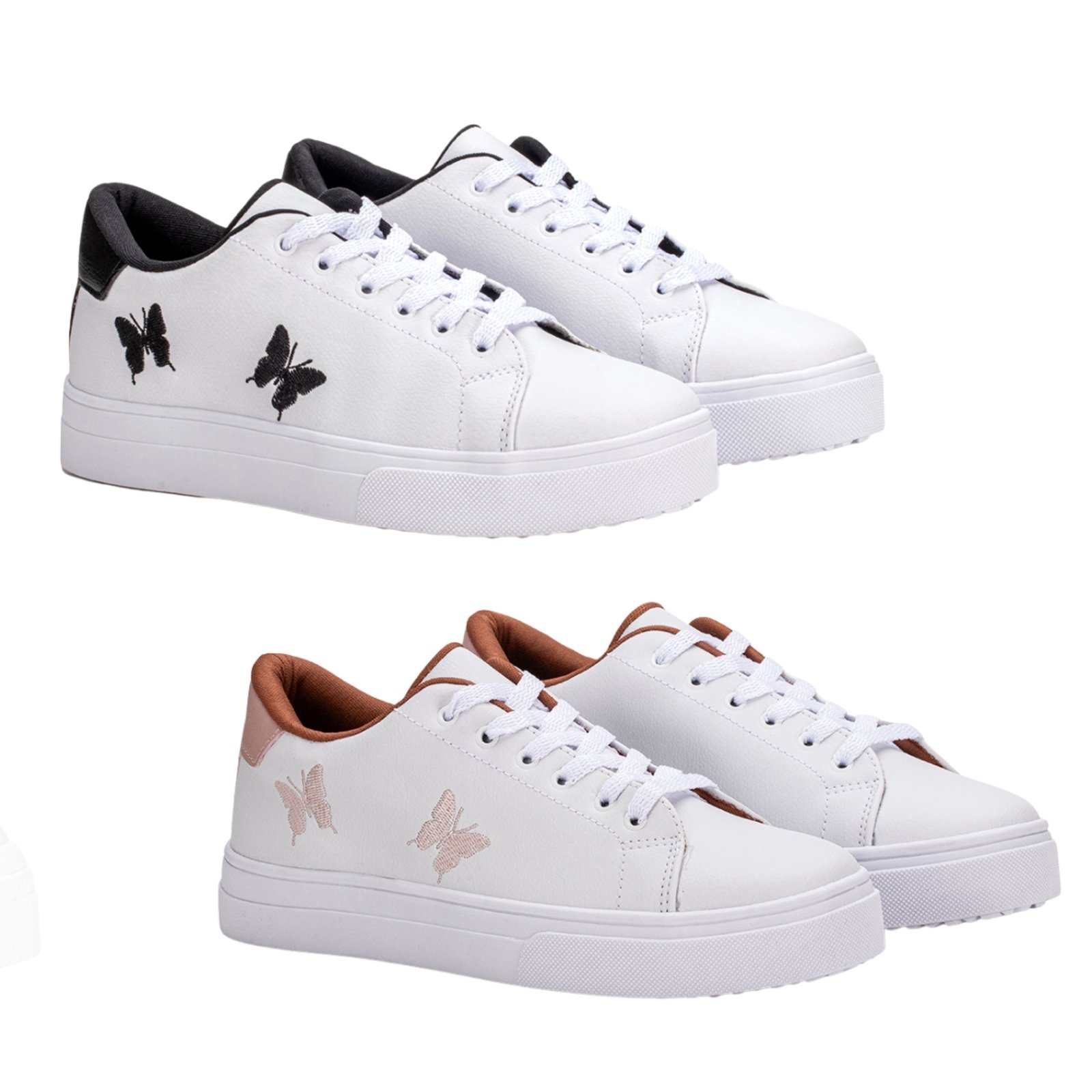 Kit 2 Pares Tenis Feminino Casual Borboleta Preto+Rosa Estilo Shoes