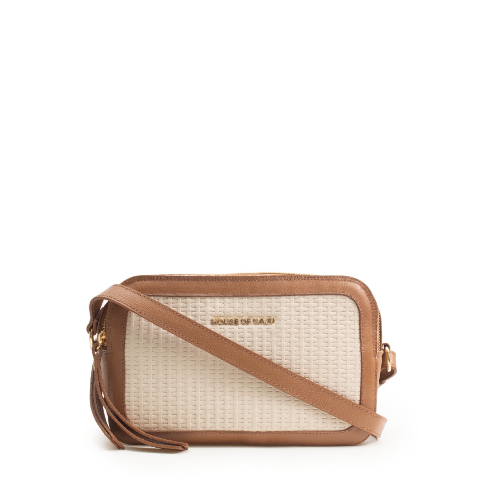 Bolsa Feminina Em Couro Tiracolo Off White Com Caramelo “Helena Valente”””