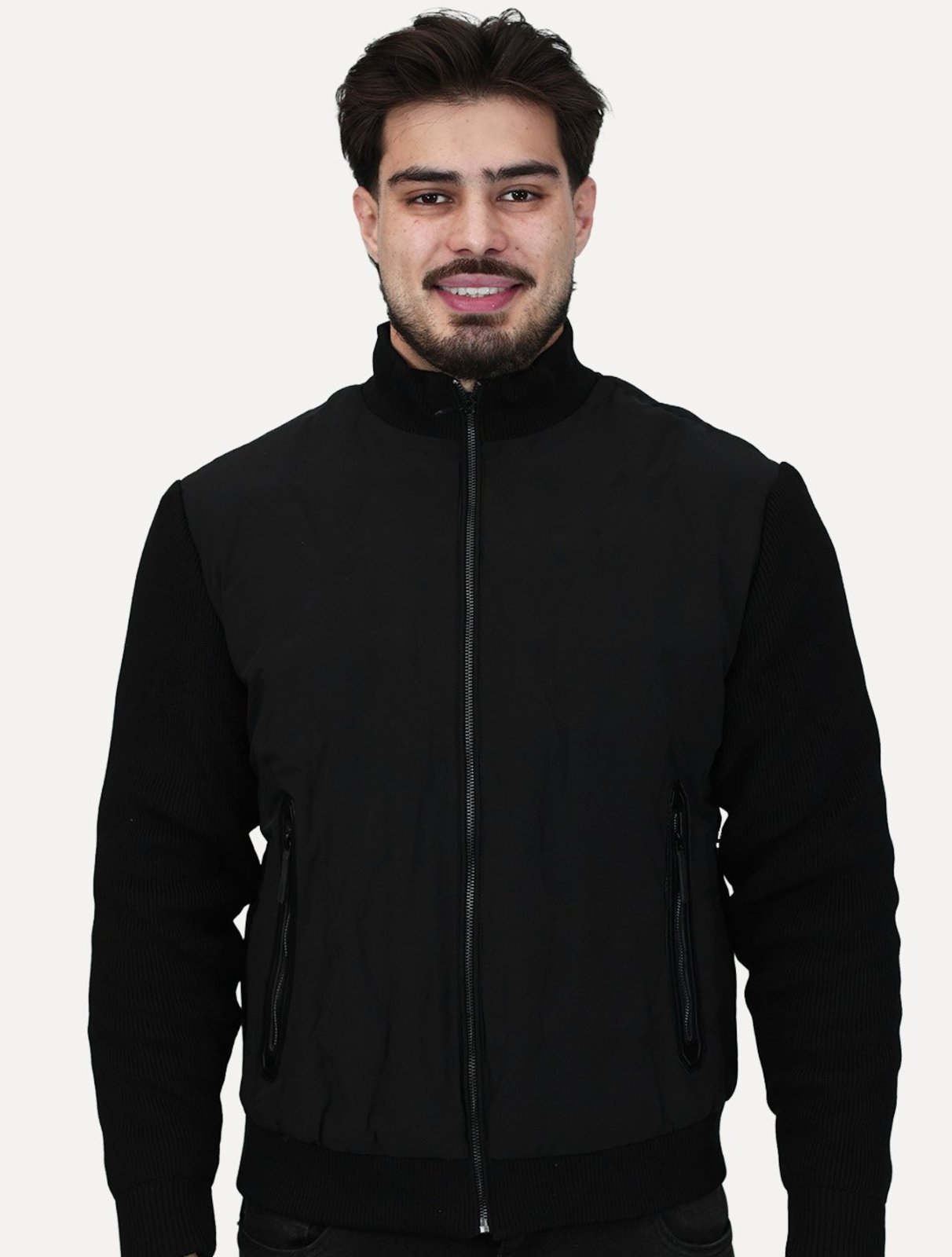 Jaqueta Masculina Nylon Manga Ribana Pocket Zip Preta