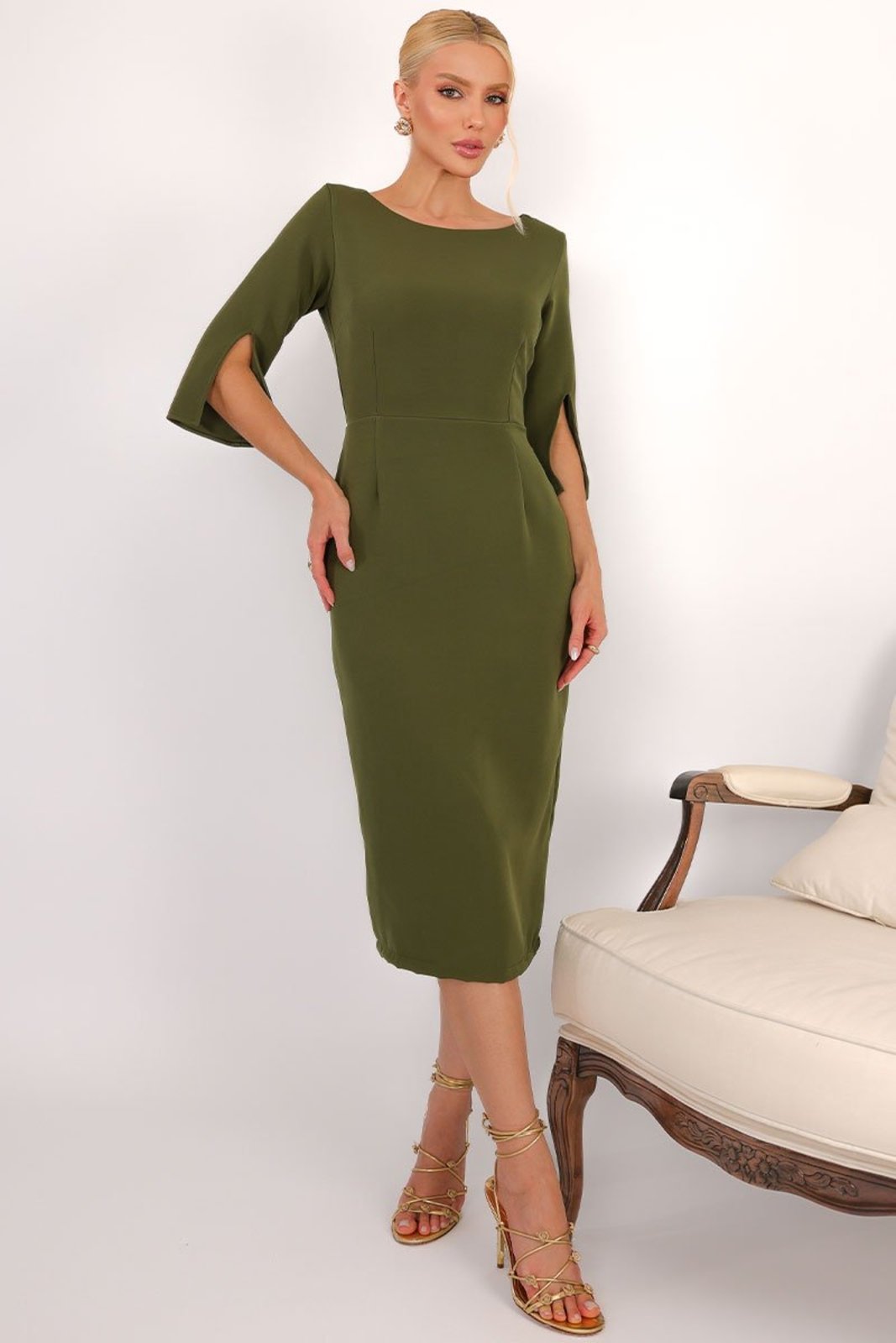 Vestido Midi Angela Manga 3/4 Tubinho Elegante Verde Musgo