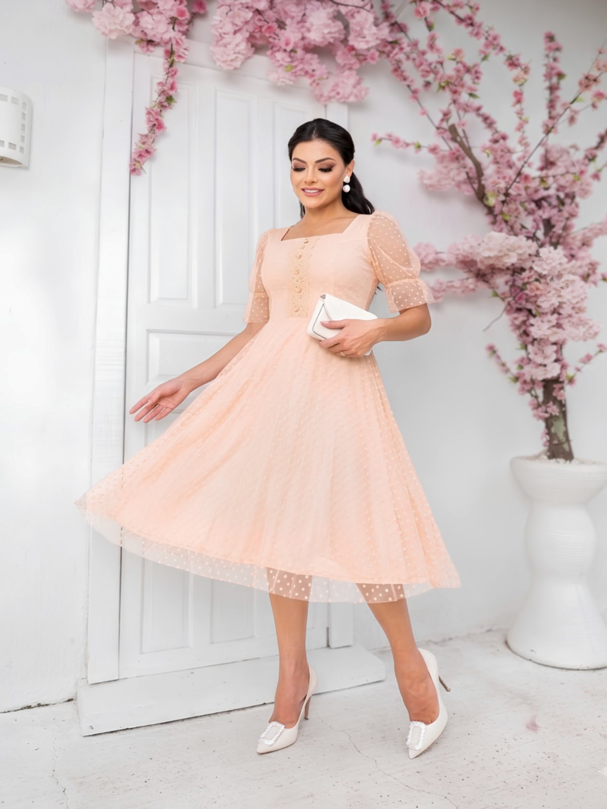 Vestido Midi de Festa Tule Poa Manga Princesa Bufante Modesto Casamento Civil Madrinha Rosa