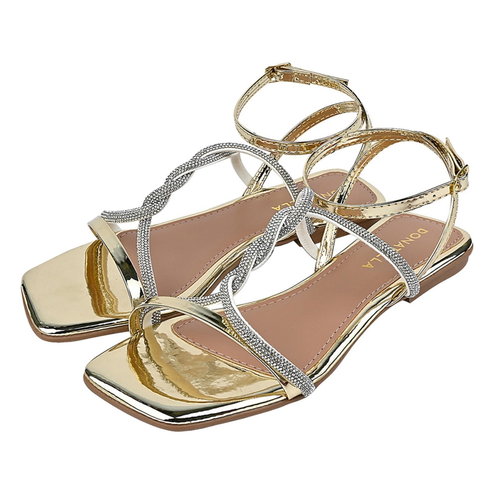 Sandália Rasteira Feminina CM Calçados Tiras Strass Brilho Bico Quadrado Confortável Metalizado Trança Ouro Light