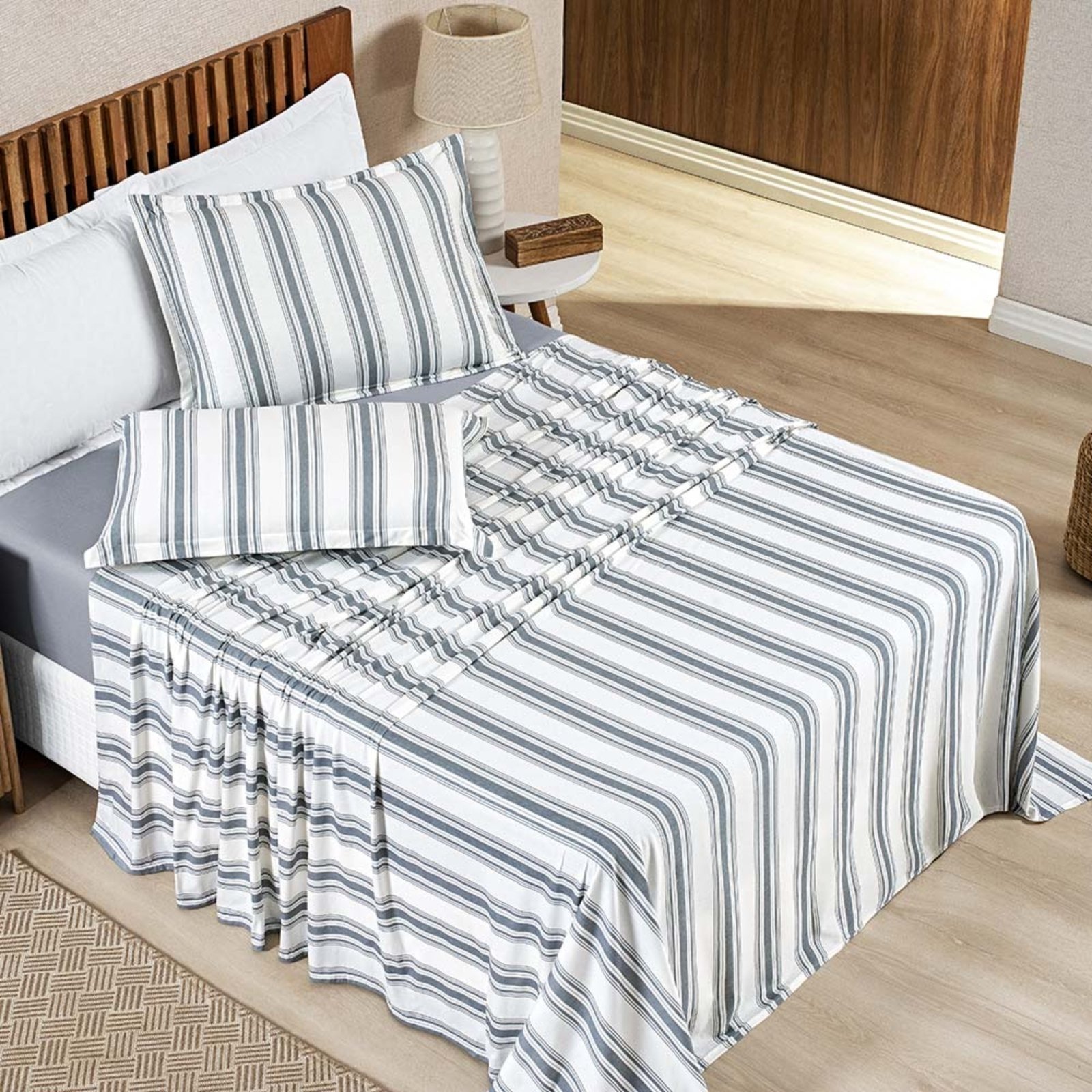 Jogo Cama Lençol Estilo King 100% Algodão 4 Peças - Cinza - 100% Algodão