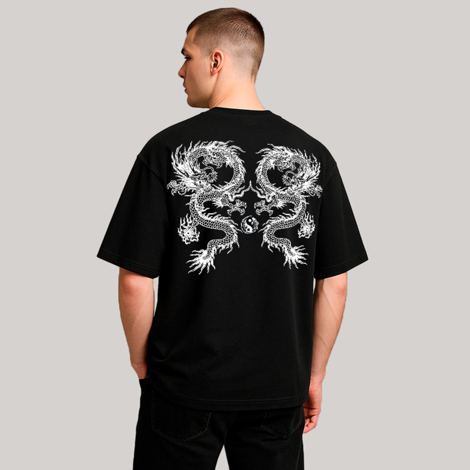 Camiseta Oversized Premium Dragão Oriental Yin Yang Street Unissex Preto