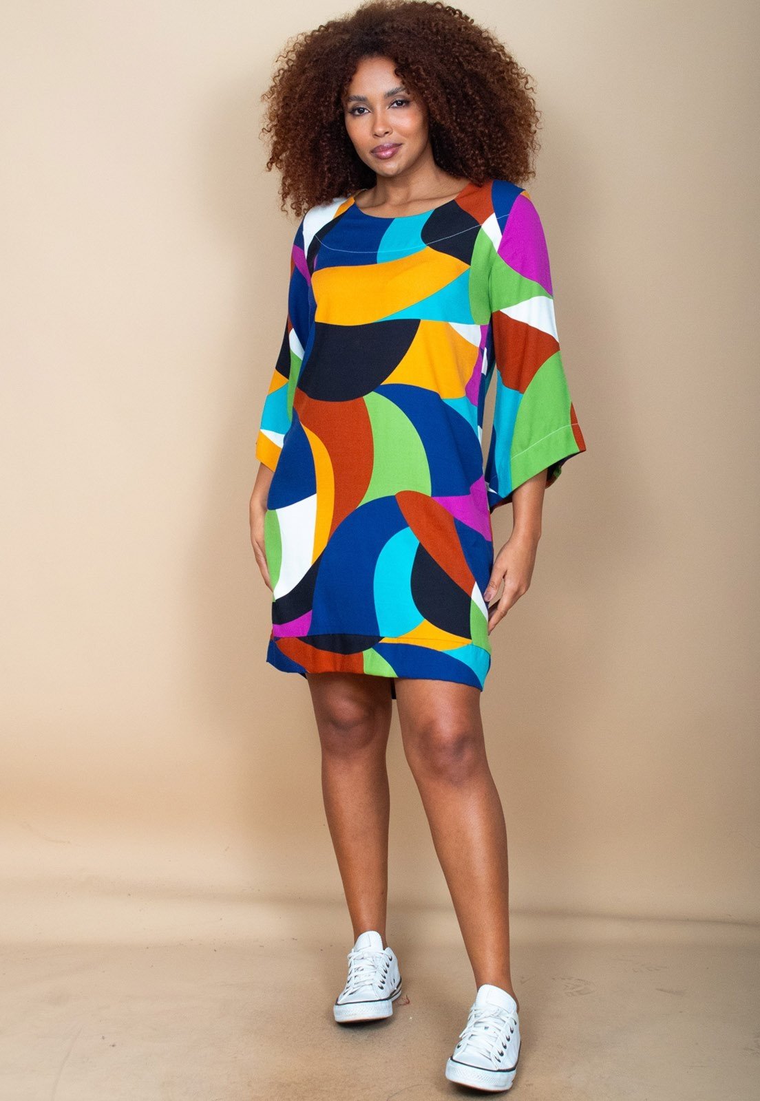 Vestido Curto Cabanafree Balli Manga Ampla Estampa Jardim Azul
