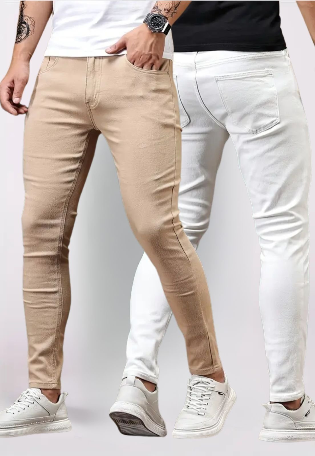 Kit 2 Calça Masculina Tempo Hábil Bege e Branco Sarja Corte Tradicional