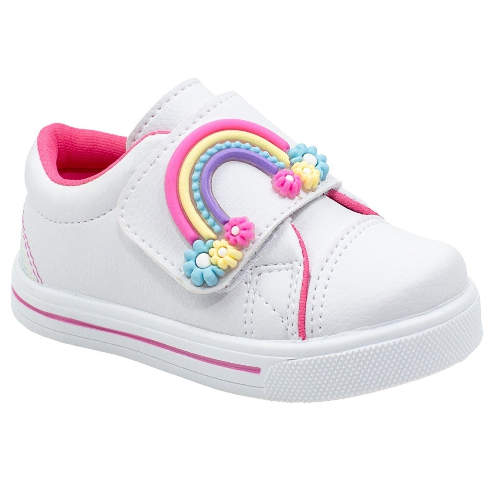 Infantil – Tênis Menina Linda Jú Arco-Íris Brilho Flor Colorido Moda Star Confortável 20 ao 27 Branco
