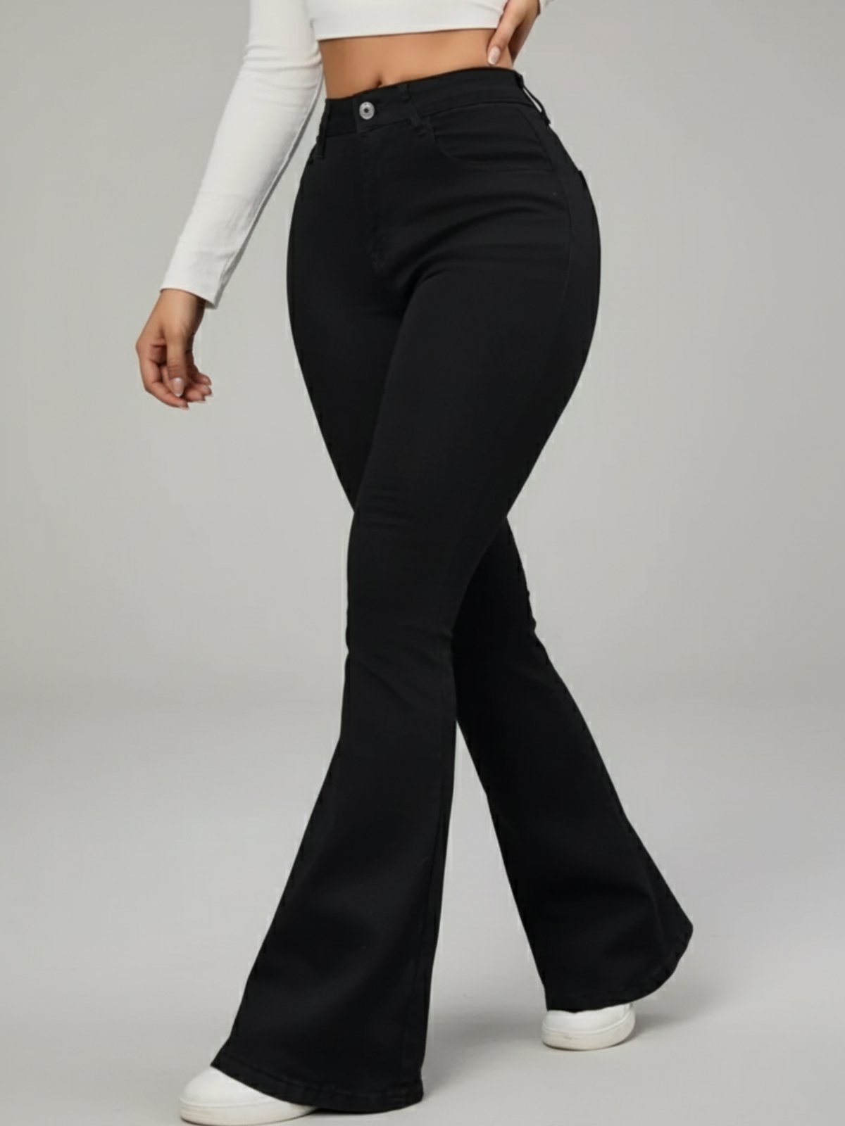 Calça Flare Jeans Feminina Text Jeans Boca de Sino Cintura Alta Modeladora Preto Calça Flare Jeans Feminina Text Jeans Boca de Sino Cintura Alta Modeladora Preto