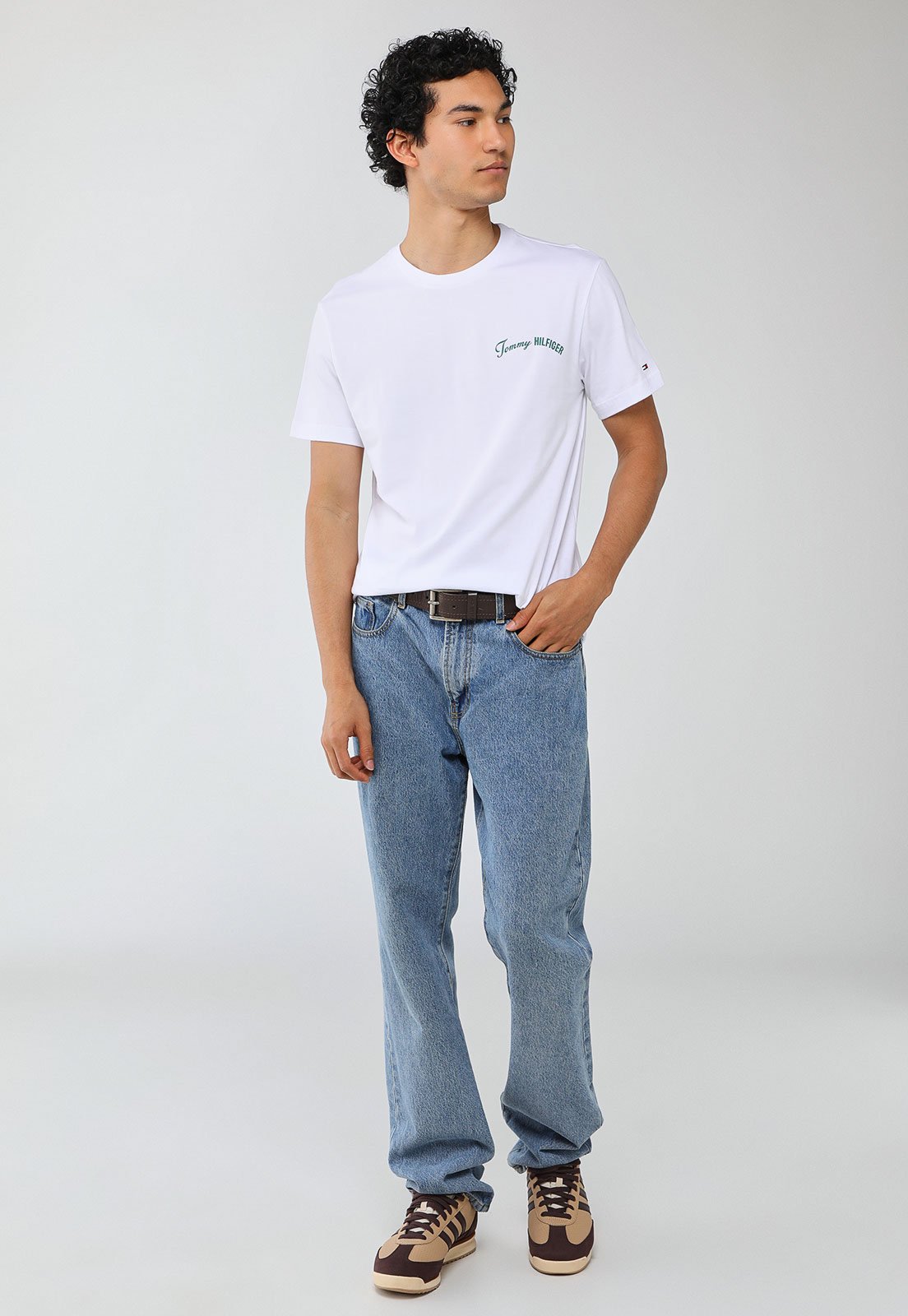 Vista 3 Camiseta Masculina Tommy Hilfiger Logo Verde Branca branco verde Tommy Hilfiger branco verde