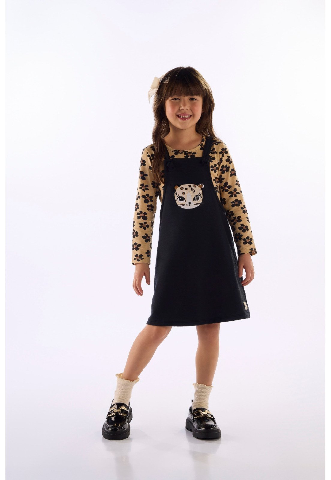 Infantil - Conjunto Blusa Floral e Salopete Quimby Preto