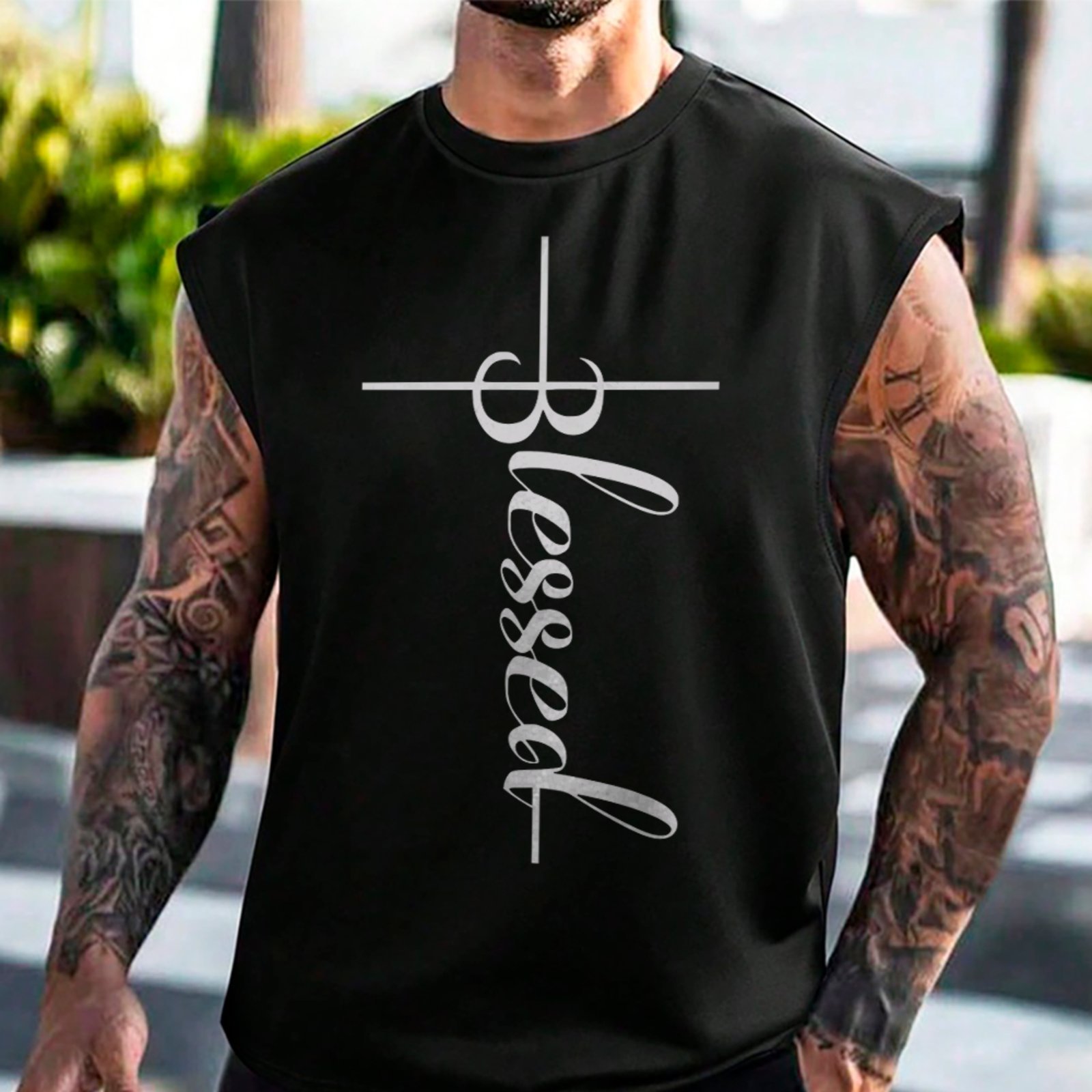 Camiseta Regata Machão Blessed Cruz Vertical Fé Cristã Preto