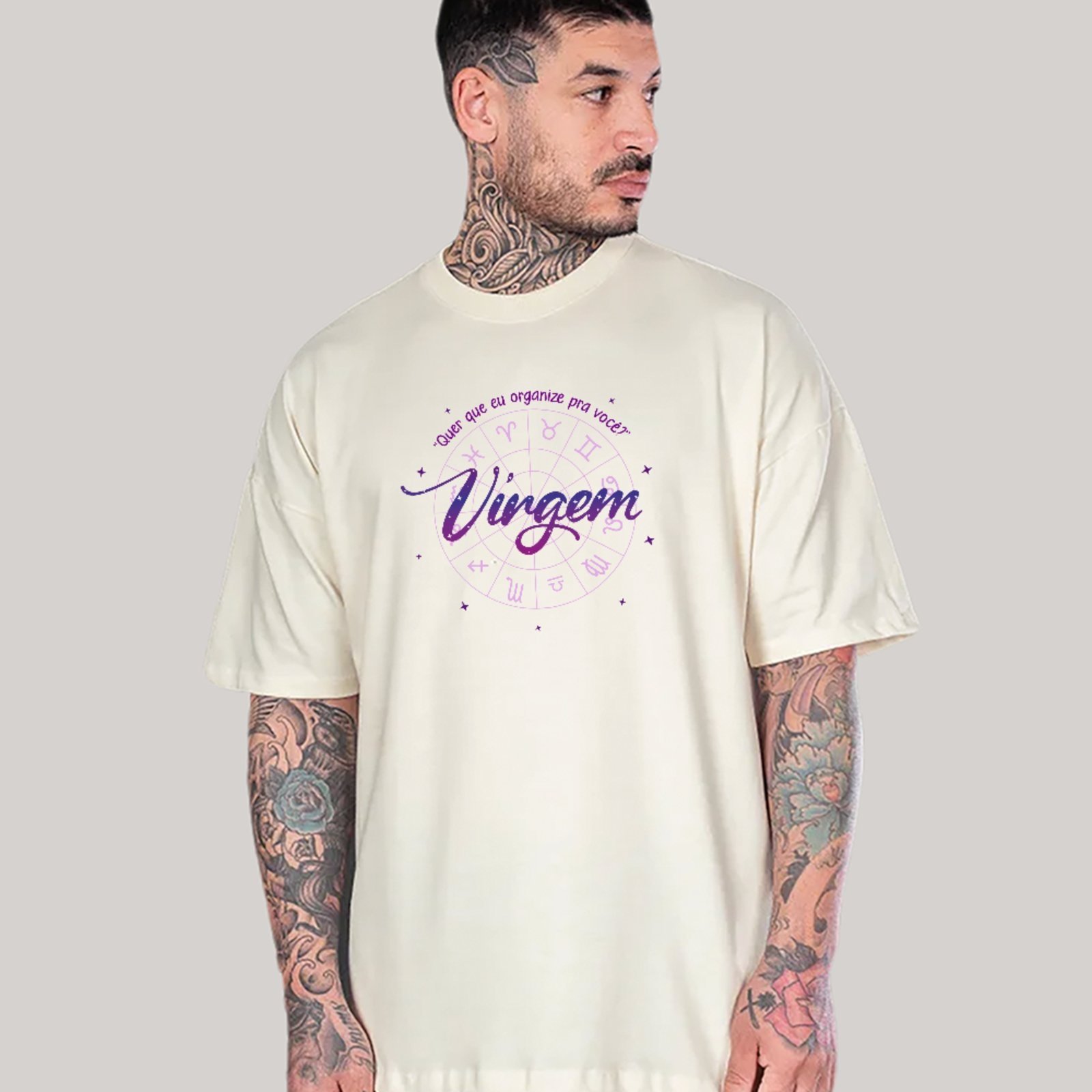 Vista 3 Camiseta Ousy Signo Virgem Frase Astrológica Engraçada Oversized Unissex Off White off-white white ousy off-white white