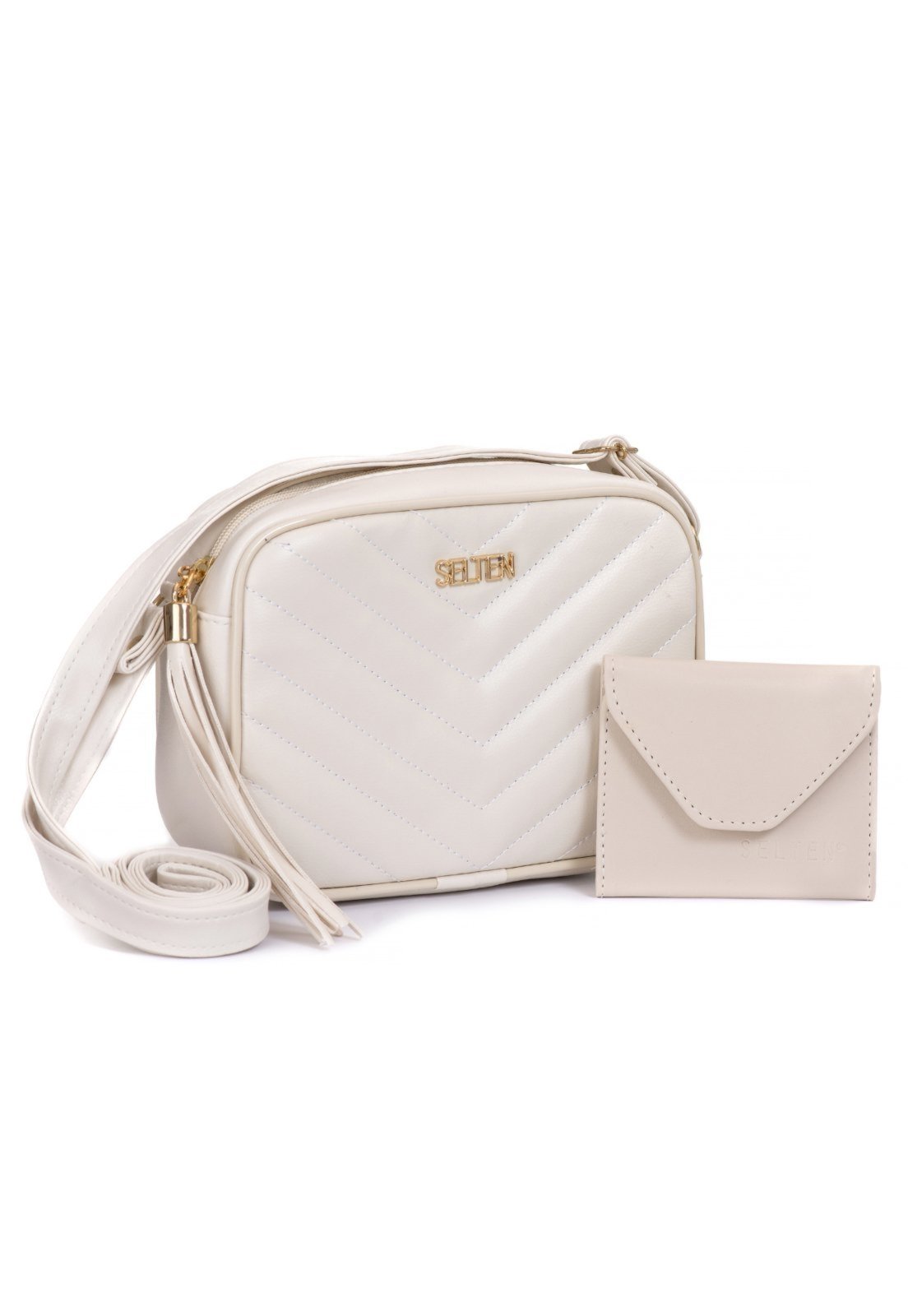 Bolsa Lateral Feminina Selten Em Metalasse Off-White + Carteira Mine
