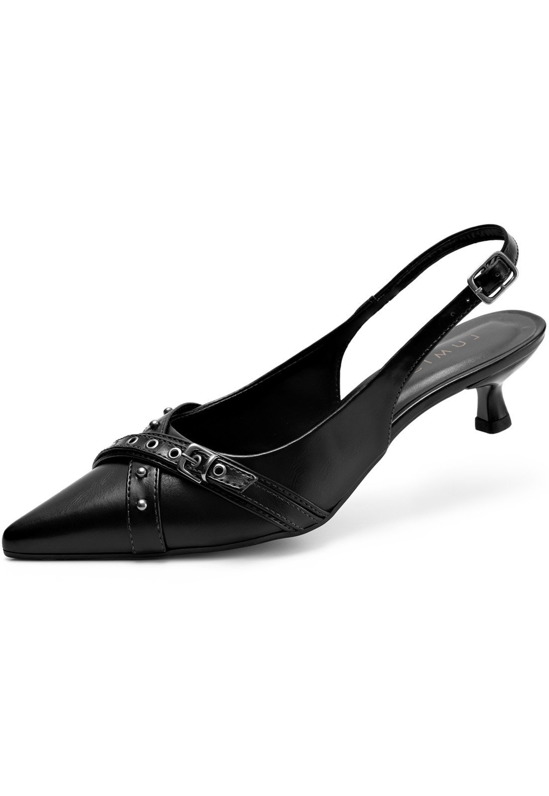 Scarpin Feminino Lumiss Slingback Salto Baixo Fino Tachas Bico Fino Preto