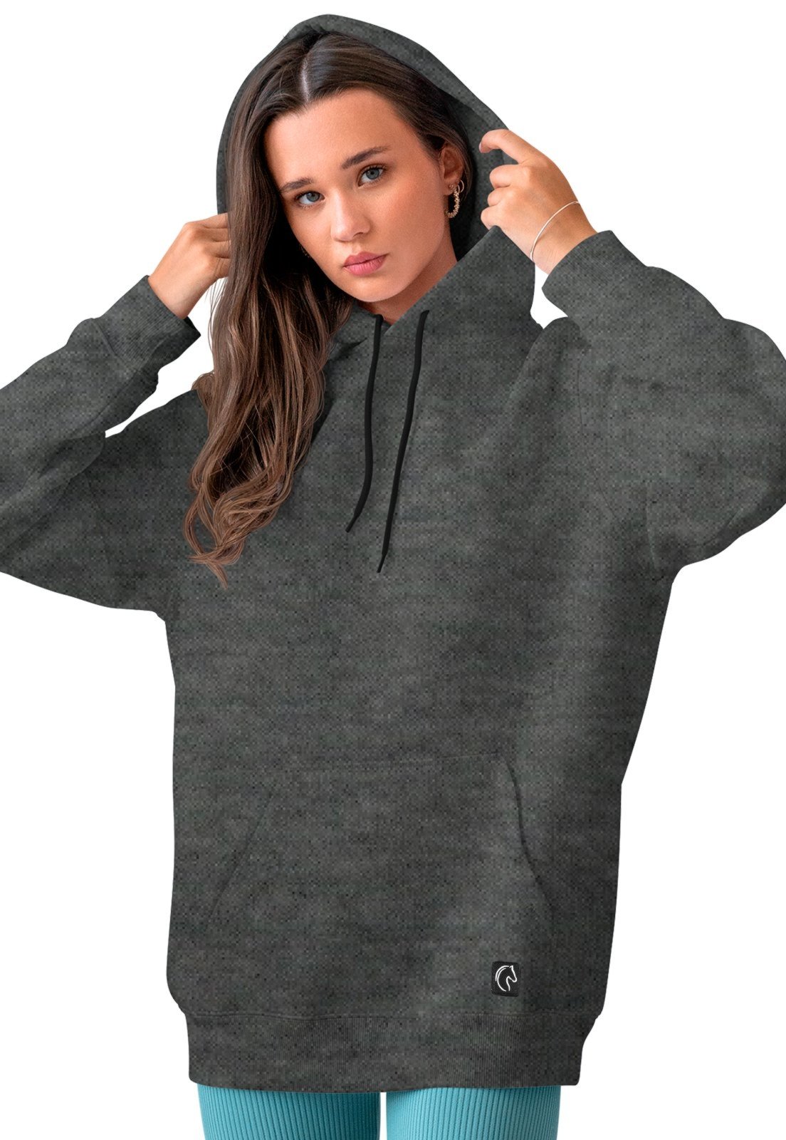 Blusa De Frio Feminina W2 Moletom Liso Com Capuz e Bolso Canguru Felpado Chumbo