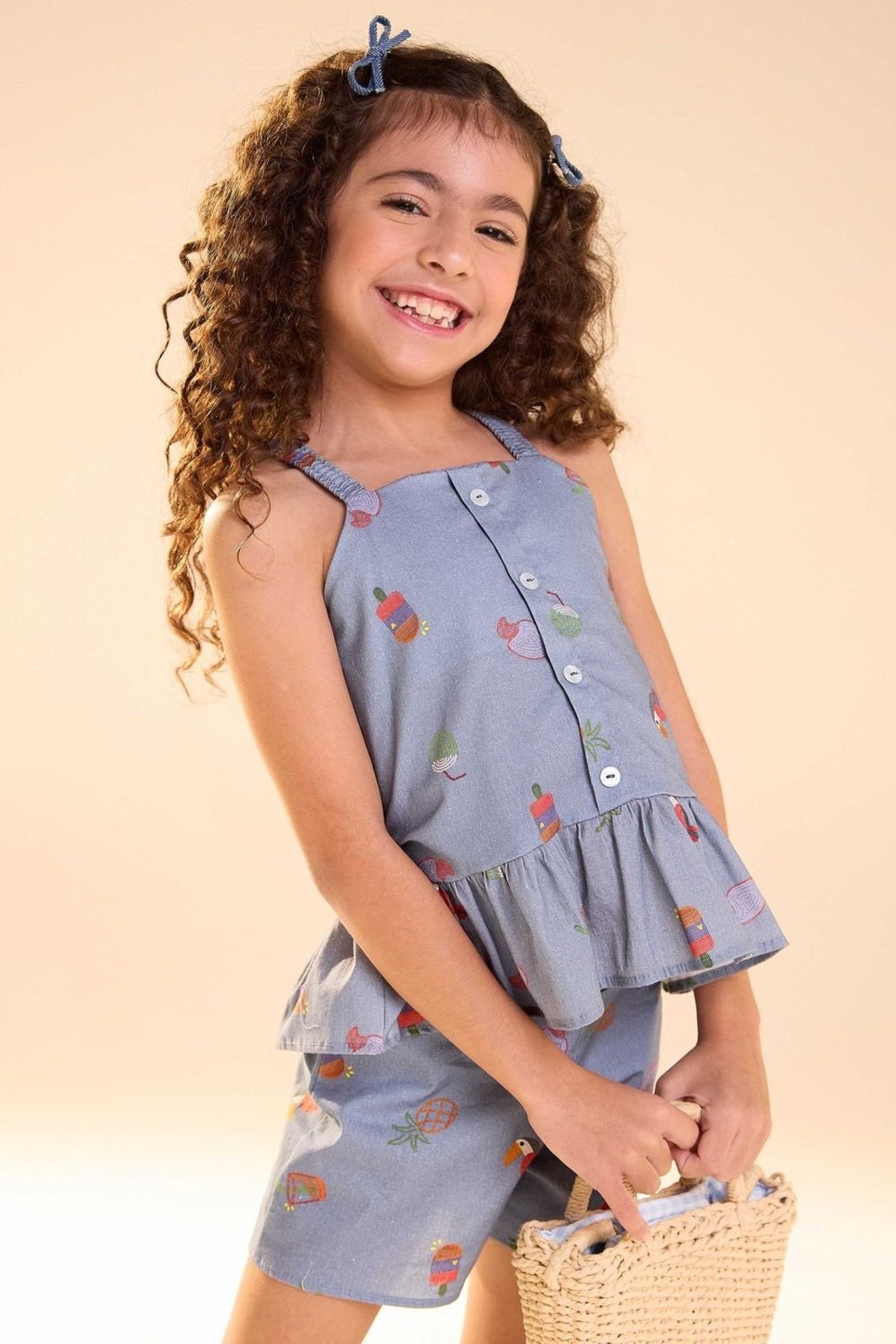 Vista 2 Infantil - Conjunto Menina Tropical Babados Elian azul Elian azul
