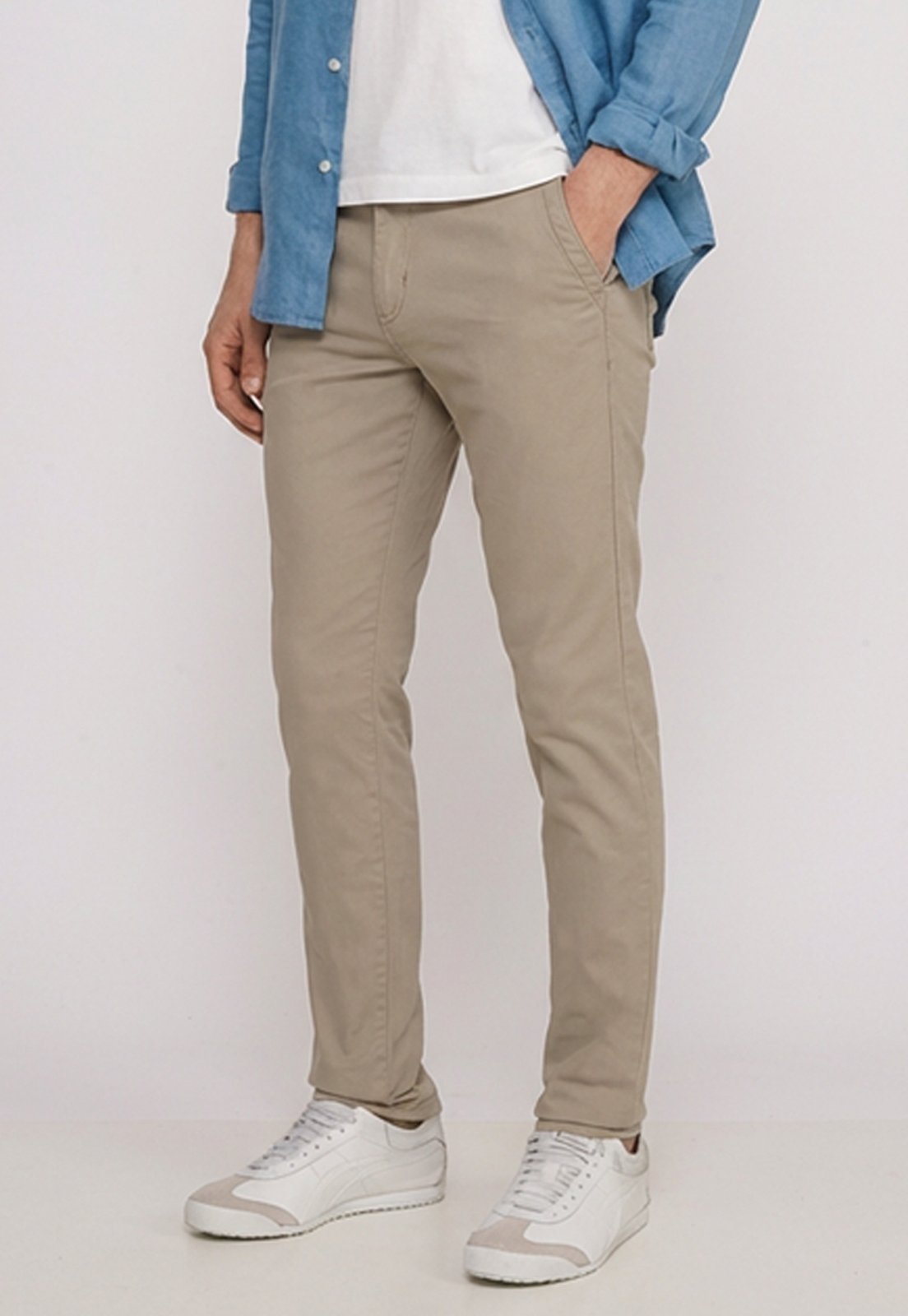 Calça Sarja Masculina Slim Fit Elastano Casual Social Bege Escuro