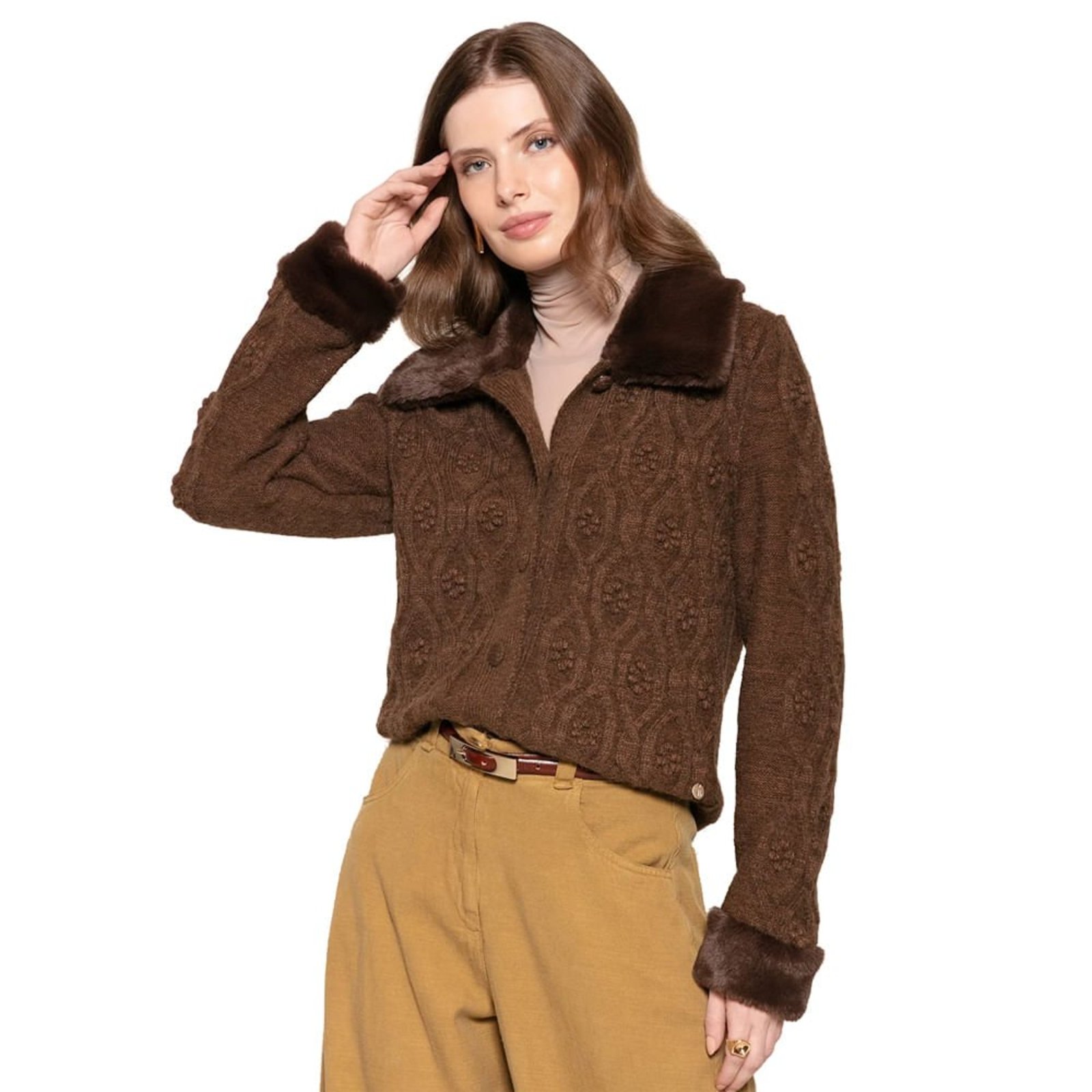 Casaco Feminino Biamar Tricot Textura Pele Marrom