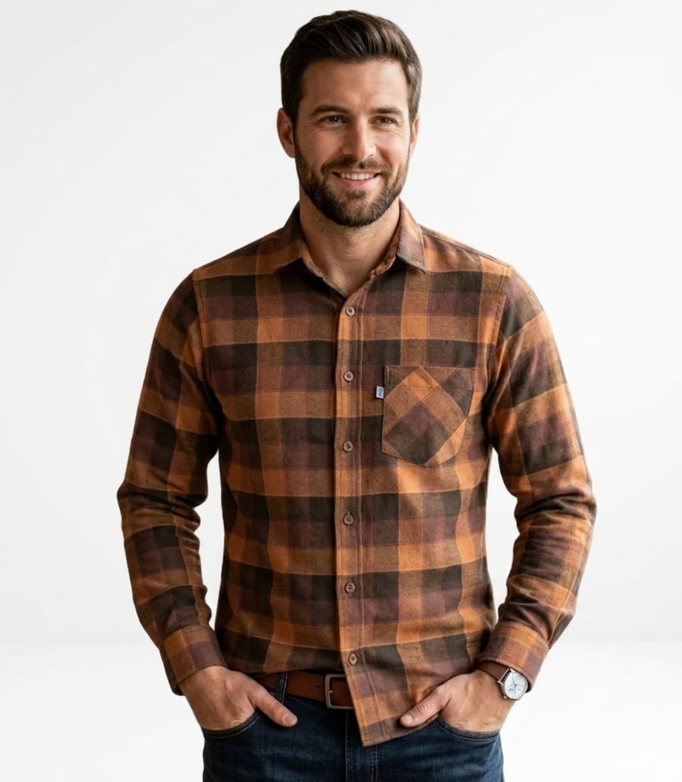 Camisa Flanela Xadrez Amil Cinambar Comfort Com Bolso Manga longa Lançamento Ocre