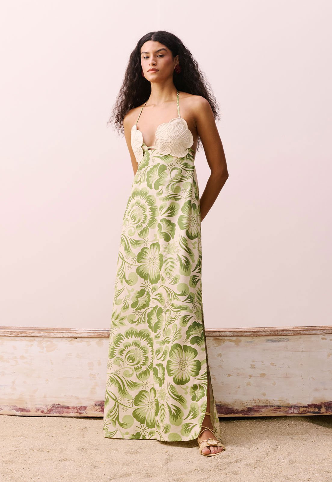 Vestido Frente Única CaCay Longo Bojo Flor Corda Verde