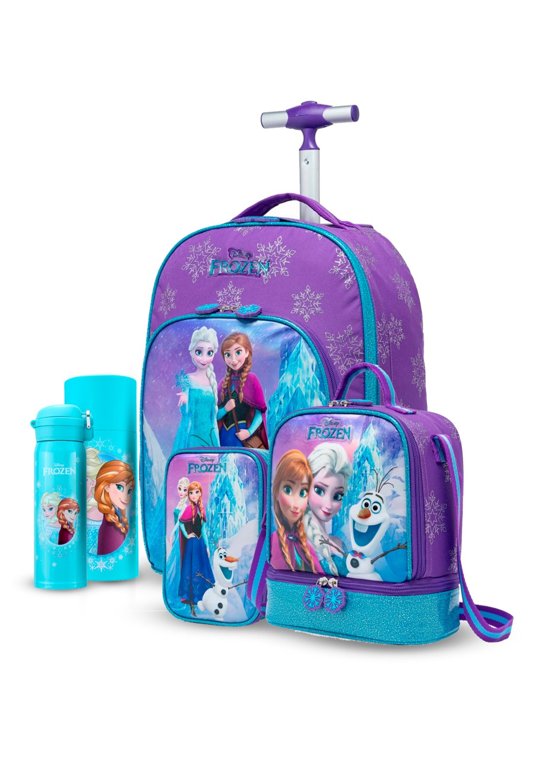 Infantil - Kit Mochila Rodinha Lancheira Estojo Escolar Frozen Garrafa Disney