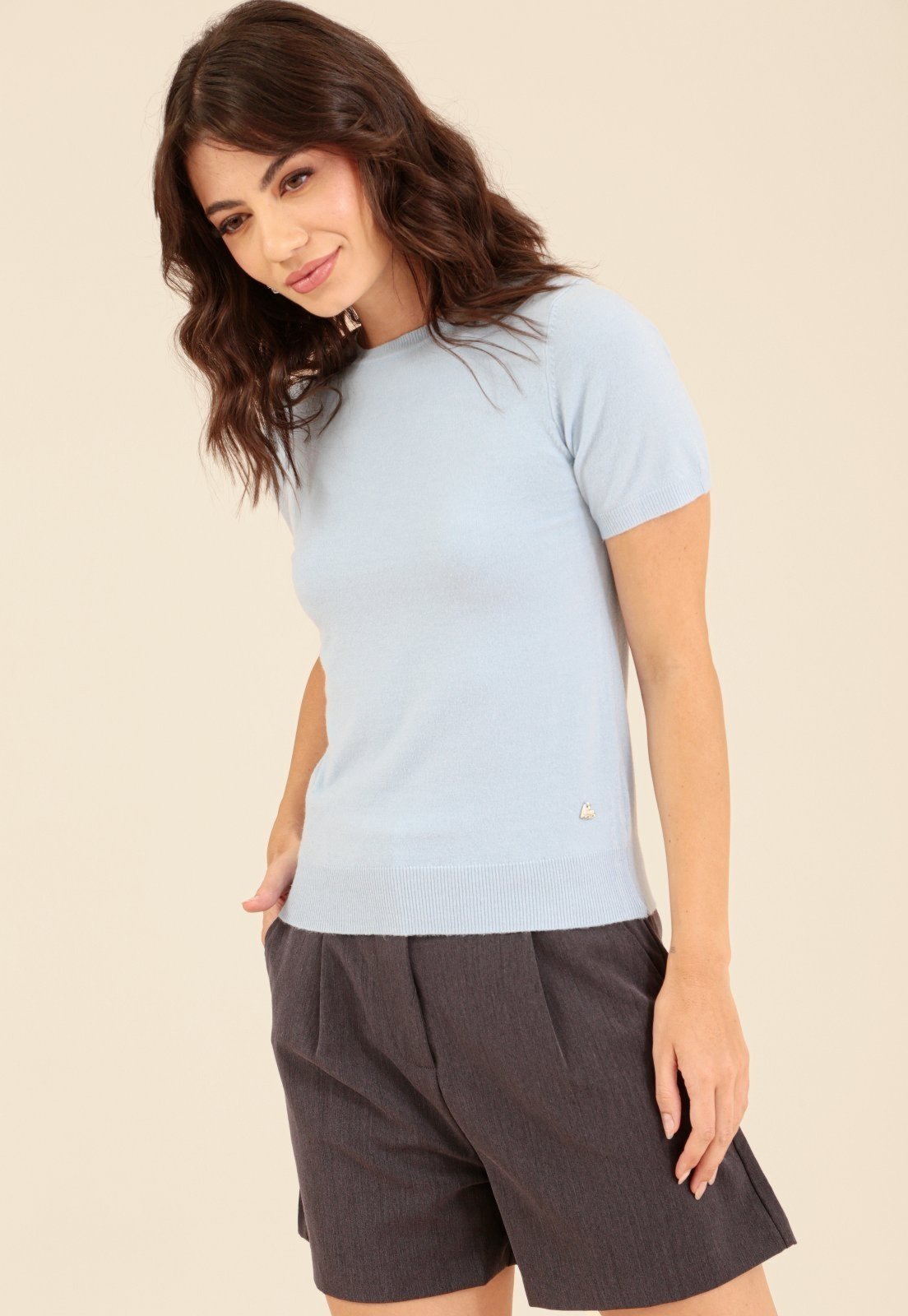 Blusa Pop Me Em Tricô Manga Curta Decote Redondo Azul Claro