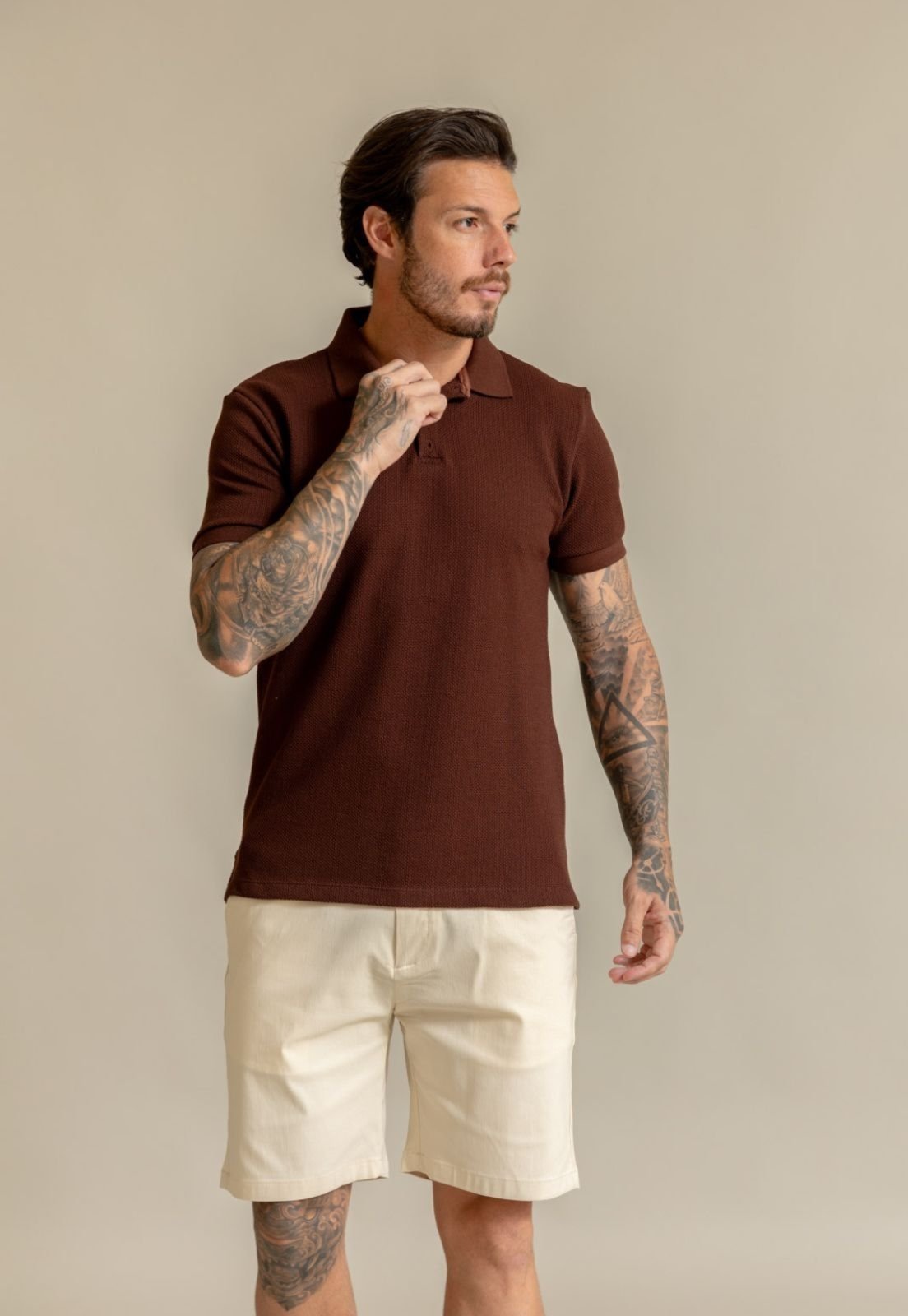 Camisa Polo Tricot Masculina com Elastano Color Dialogo Marrom