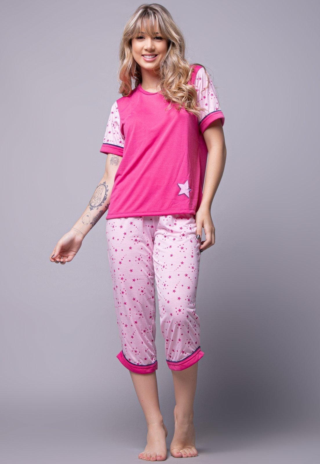 Pijama Feminino WLS Modas Bermuda e Manga Curta Pescador Rosa