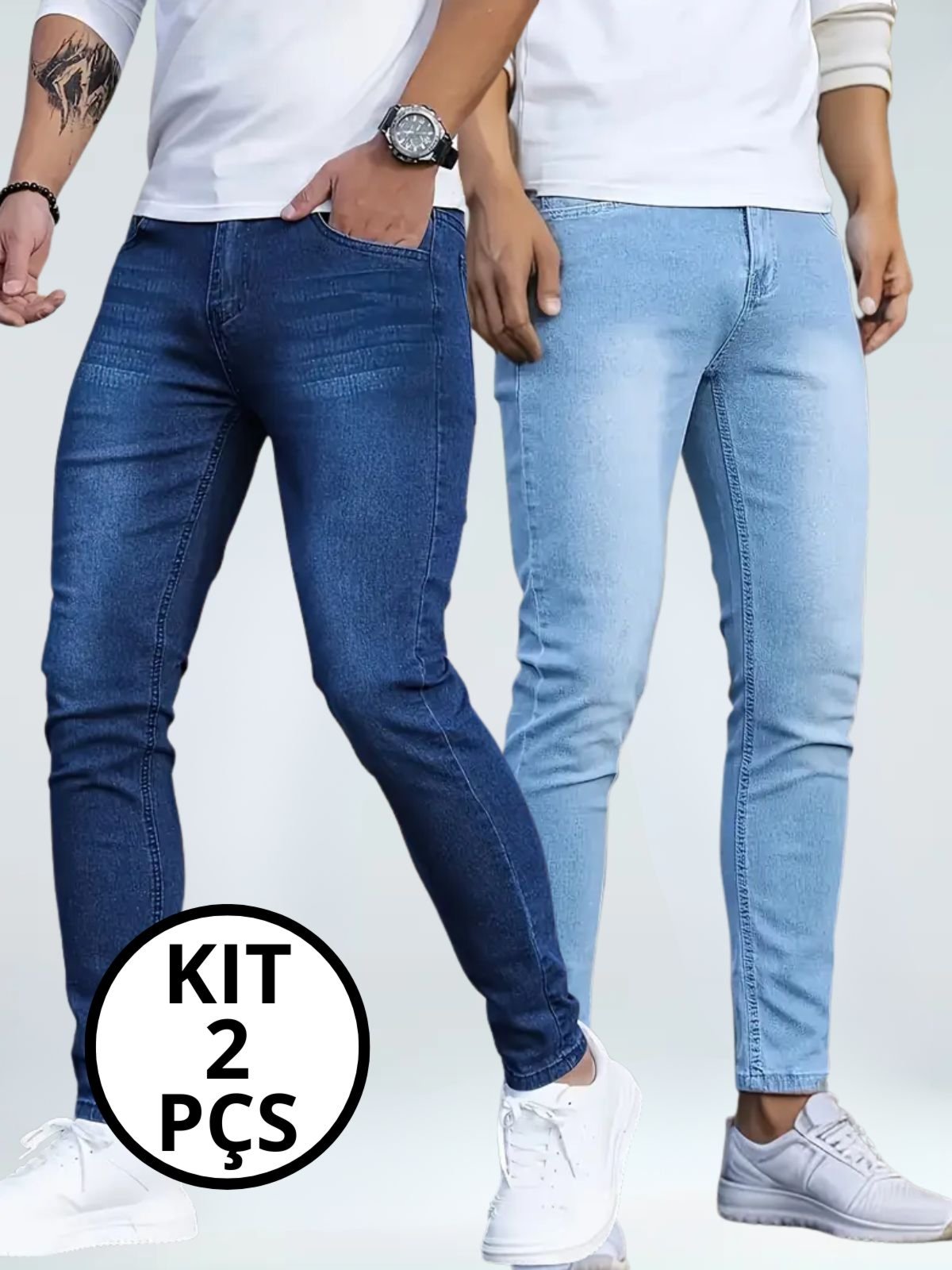 Kit 2 Calças Jeans Masculina Skinny Kovali Casual Confortável com Elastano Aul Claro E Escuro
