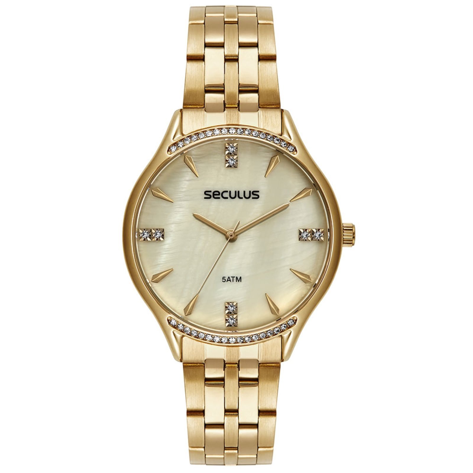 Relógio Seculus Feminino Cristais Madrepérola Dourado Seculus