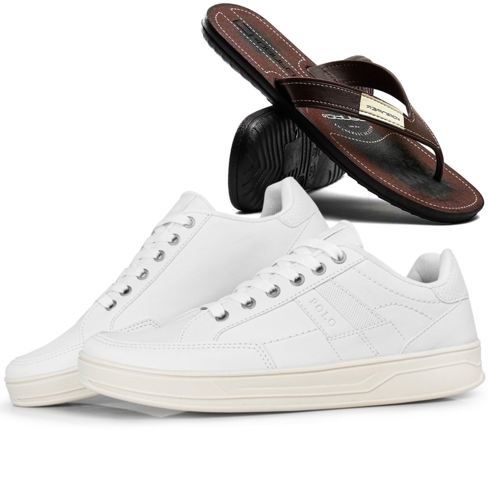 Vista 2 Tênis Masculino Sneakers Polo Kit Chinelo Havana Flip-Flops Resistente Sapatofran branco/marrom Sapatofran branco/marrom
