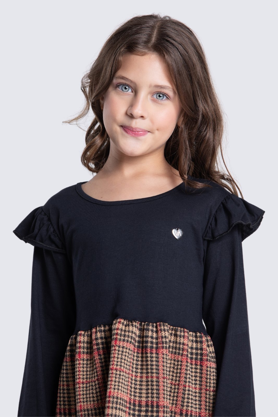 Vista 3 Infantil - Vestido Jacquard Xadrez com Babadinhos VIDA COSTEIRA preto VIDA COSTEIRA preto