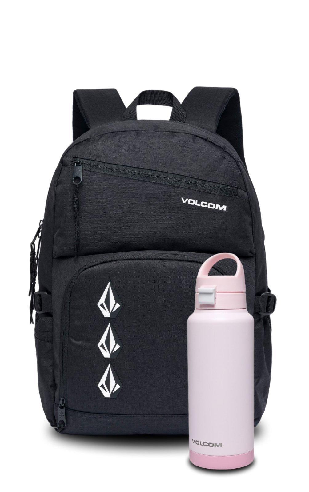 Kit Mochila Universitária Resistente Garrafa Rosa Aço Inox 1L Volcom