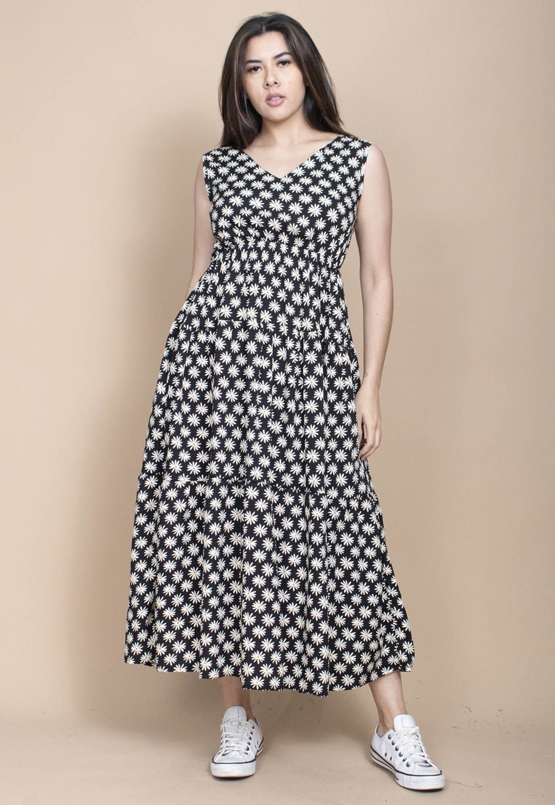 Vista 2 Vestido Cabanafree Regata Longo Peri Viscose Camadas Estampa Encanto das Margaridas Cabanafree amarelo/estampado/off-white