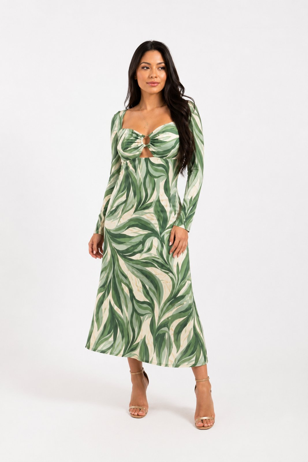Vestido Midi D Bell Outlet Fashion Manga Longa Elo Verde