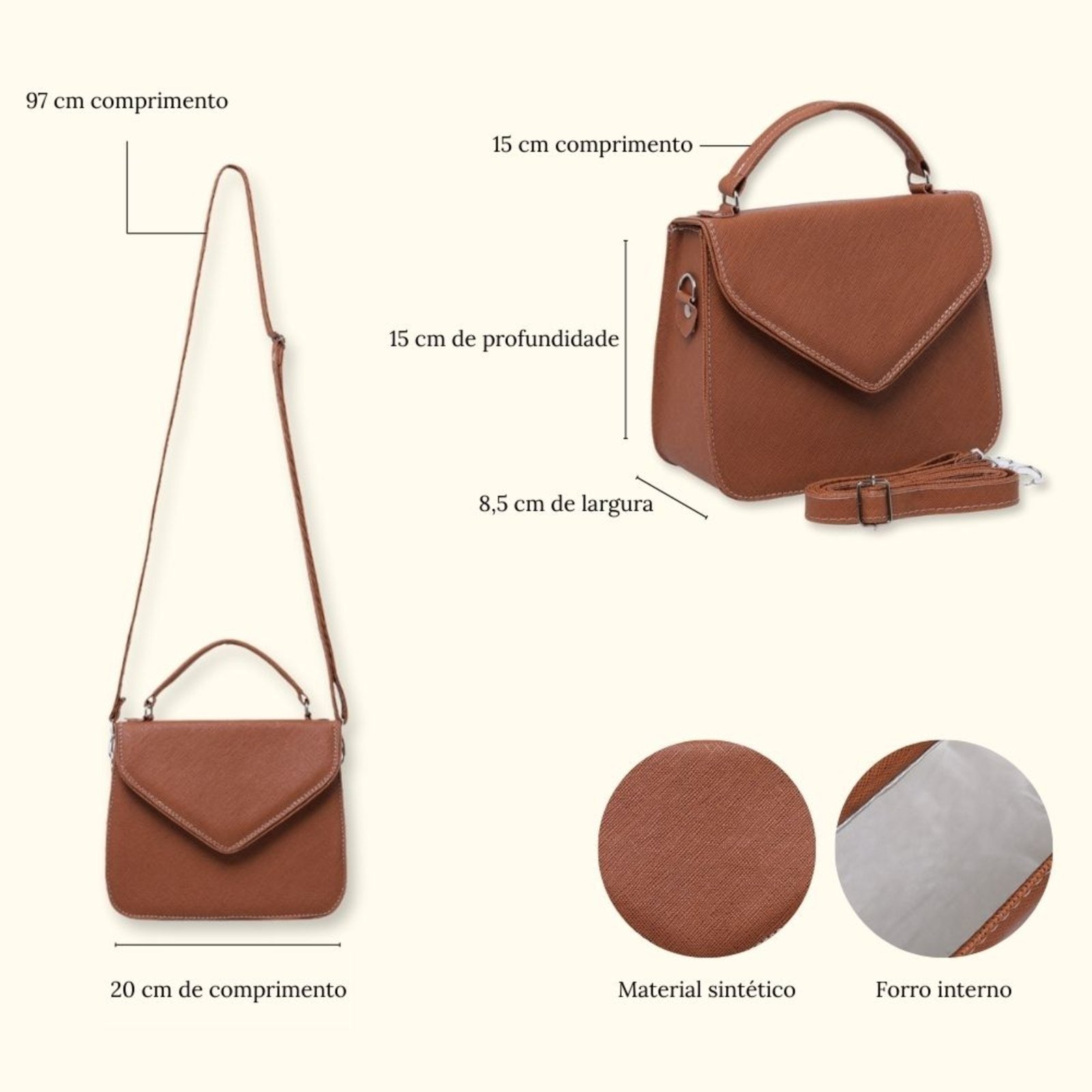 Vista 3 Bolsa Feminina Com Alça Removivel Transversal Pequena Tira Colo Sair Trabalhar Dia a Dia 8190 Caramelo marrom marrom