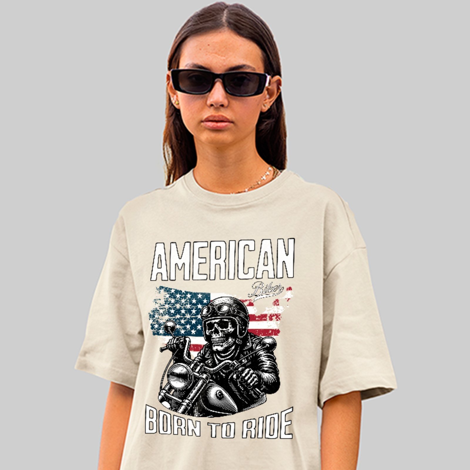 Camiseta Oversized American Born To Ride Estilo Biker Unissex Off White