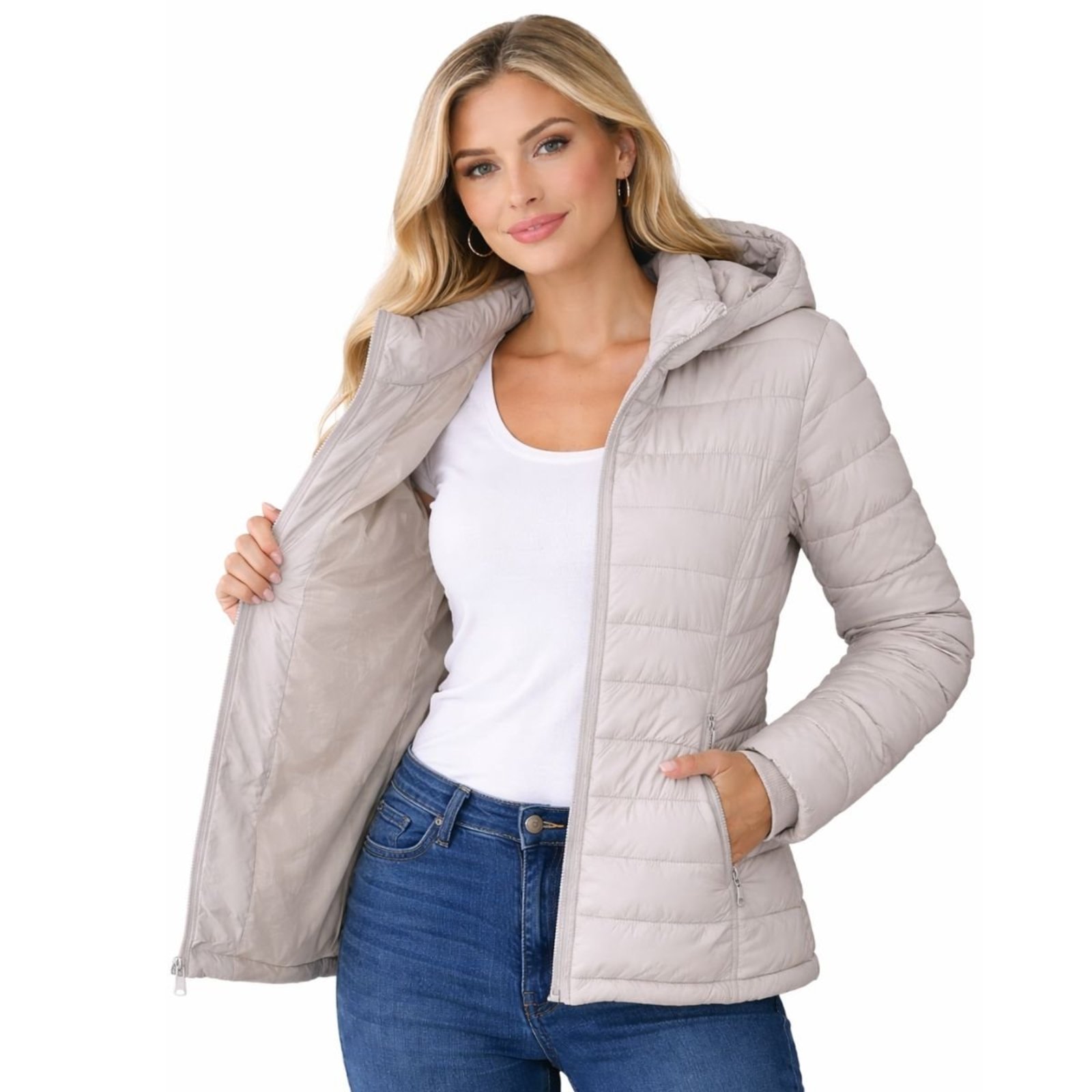 Jaqueta Parka Feminina Puffer Com Capuz Inverno Nylon Bege