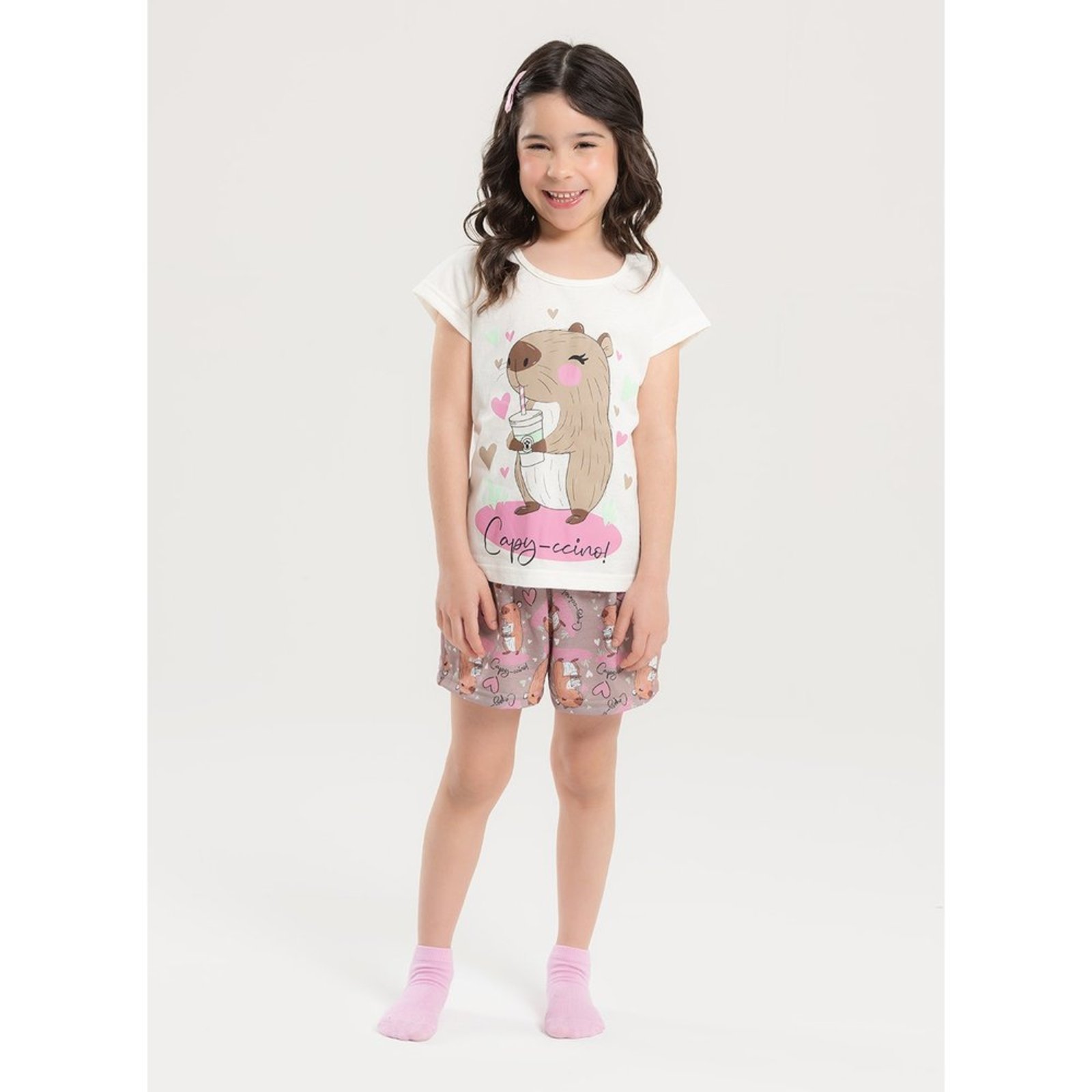 Pijama Verão Menina Natural Blusa e Shorts Capivarinha