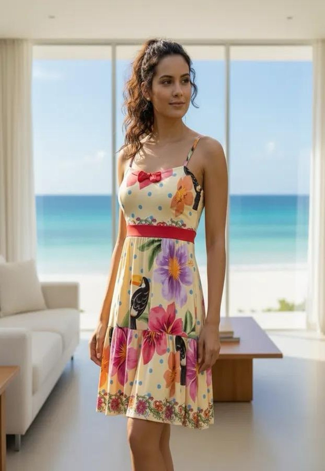 Vista 2 Vestido Curto Cabanafree Com Alça Encantos da Natureza à Luz do Sol amarelo/estampado/pink/preto Cabanafree amarelo/estampado/pink/preto
