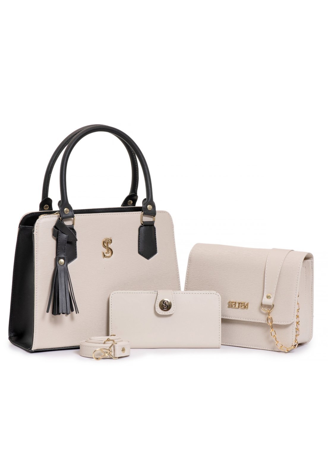 Kit de Bolsas de Mãe e Transversal de corrente e carteira Selten Brasil preto e creme