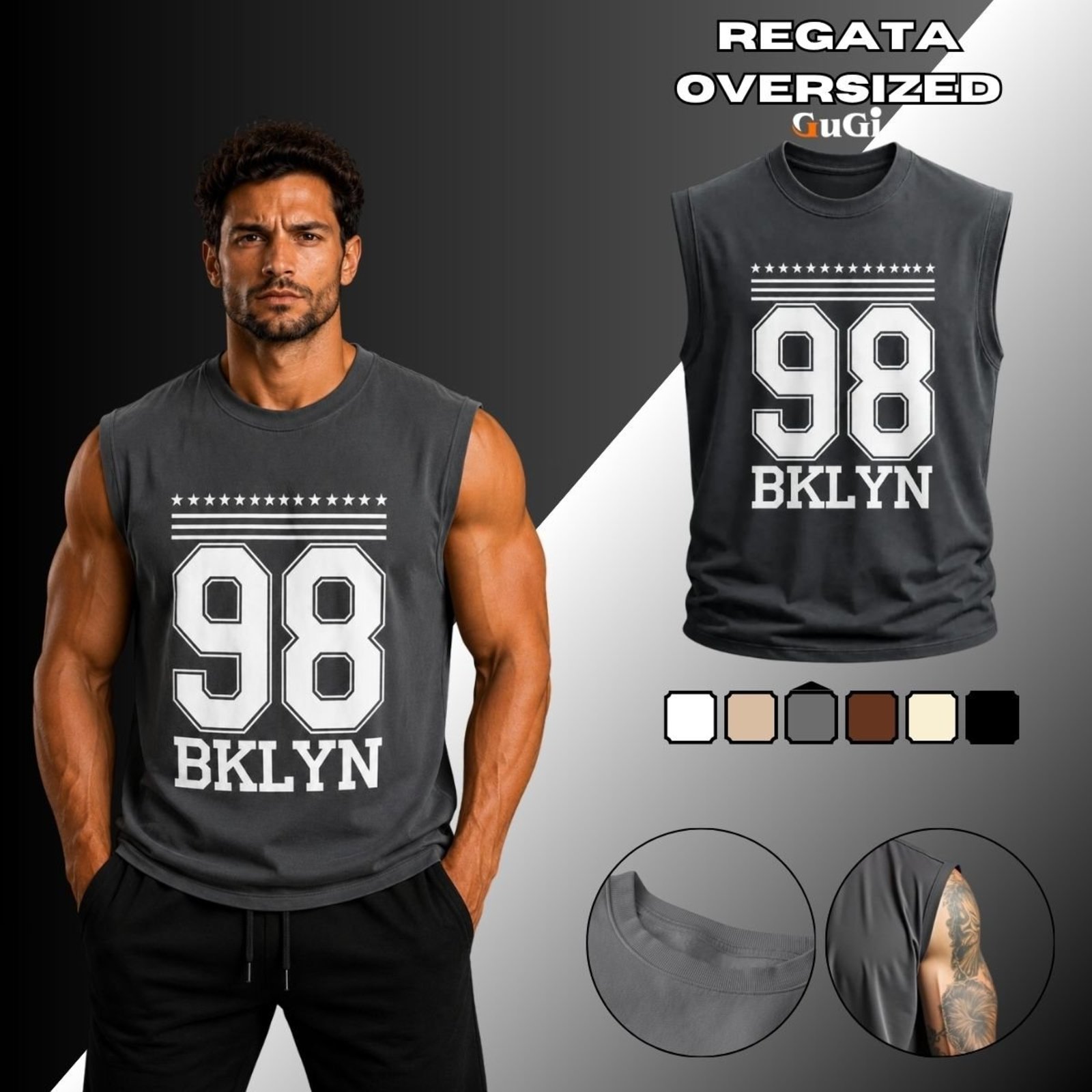 Camiseta Regata Masculina Oversized Estampada 98 Brooklyn 100% Algodão Chumbo