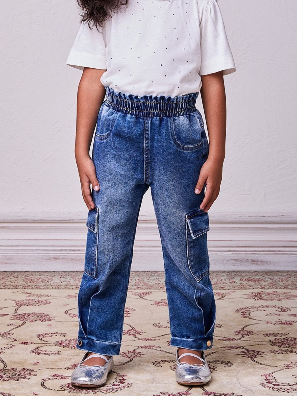 Infantil - Calça Jeans Cargo com Pregas