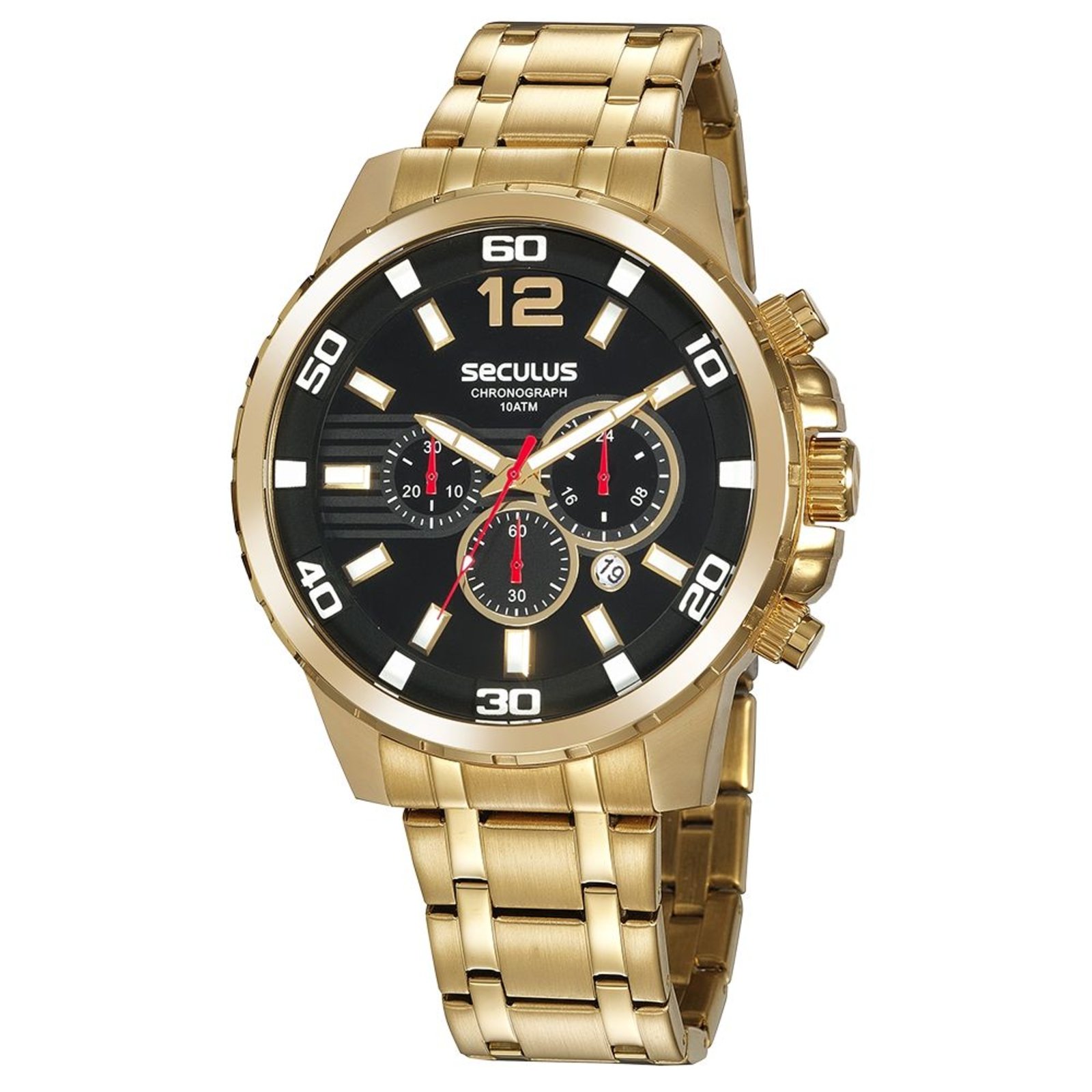 Relógio Masculino Cronógrafo 3D Aço Dourado Seculus