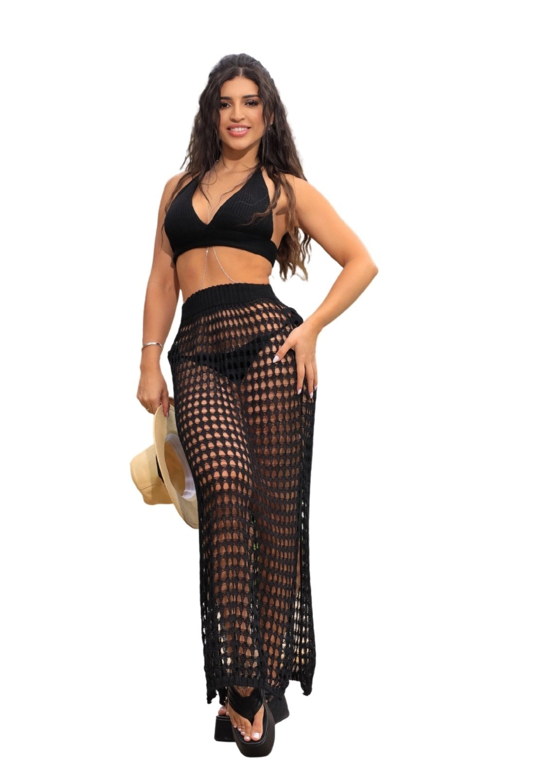 Conjunto Saída de Praia Saia Longa e Top Tricot Verão Ano Novo Trancoso Preto