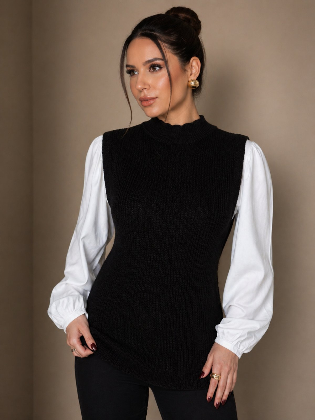 Colete Tricot Gola Alta Lapetry Alongado Elegante e Confortável Ideal Dia a Dia Preto