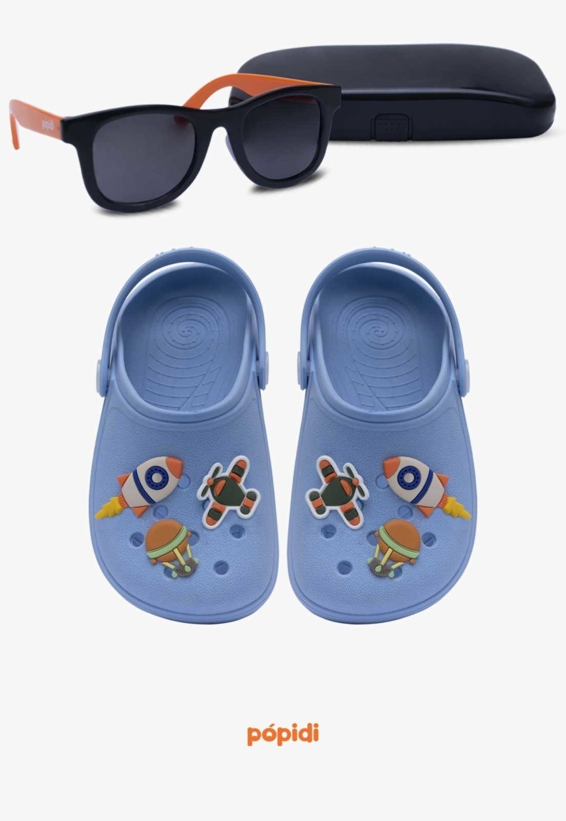 Infantil – Kit Babuche Aereo Azul com Óculos de Sol Laranja Com Capinha