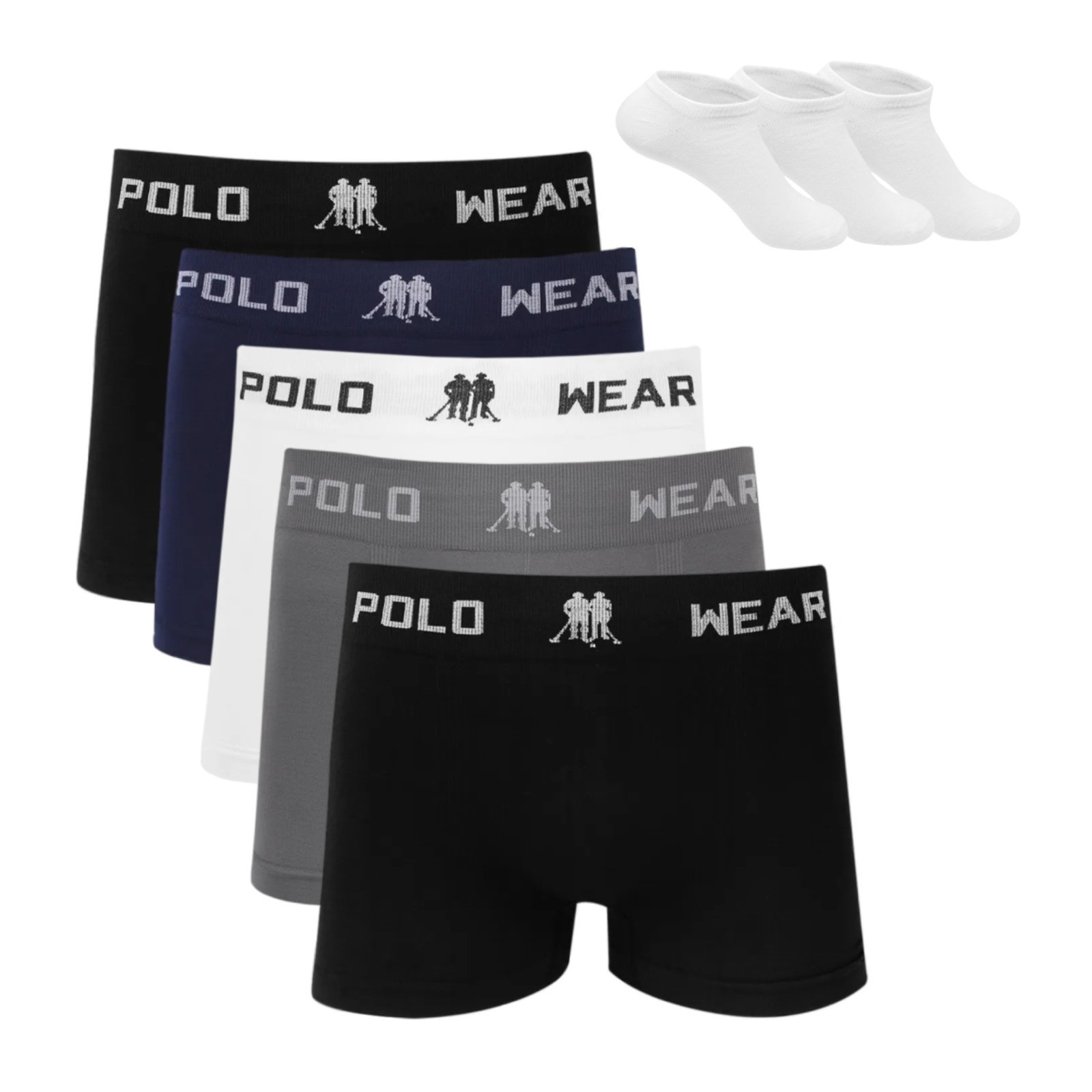 Kit 5 Cueca Boxer Polo Wear Microfibra Sortido + 3 Meias M1 Colorido