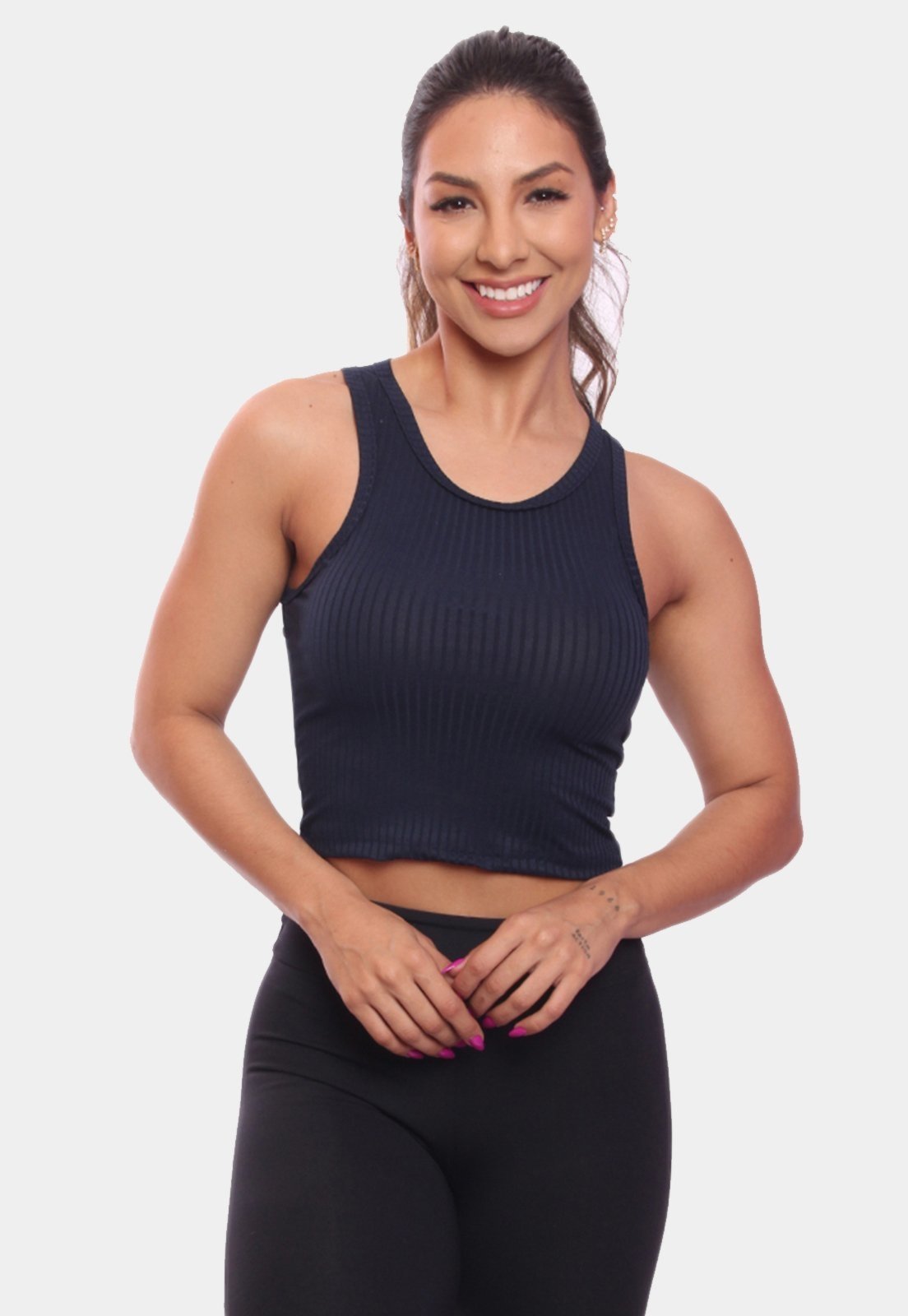 Top Cropped Regata Canelado Feminino Lisa Blusa Blusinha Básica Azul Marinho