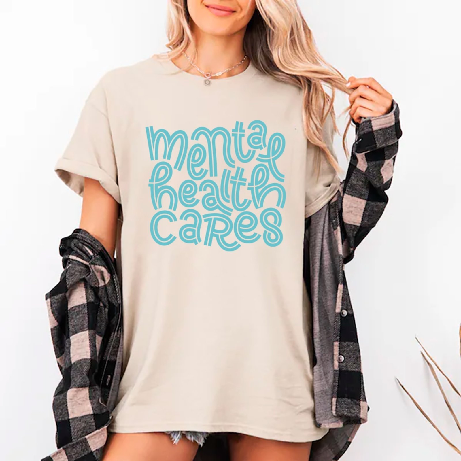 Camiseta Ousy Mental Health Cares Oversized Unissex Off White